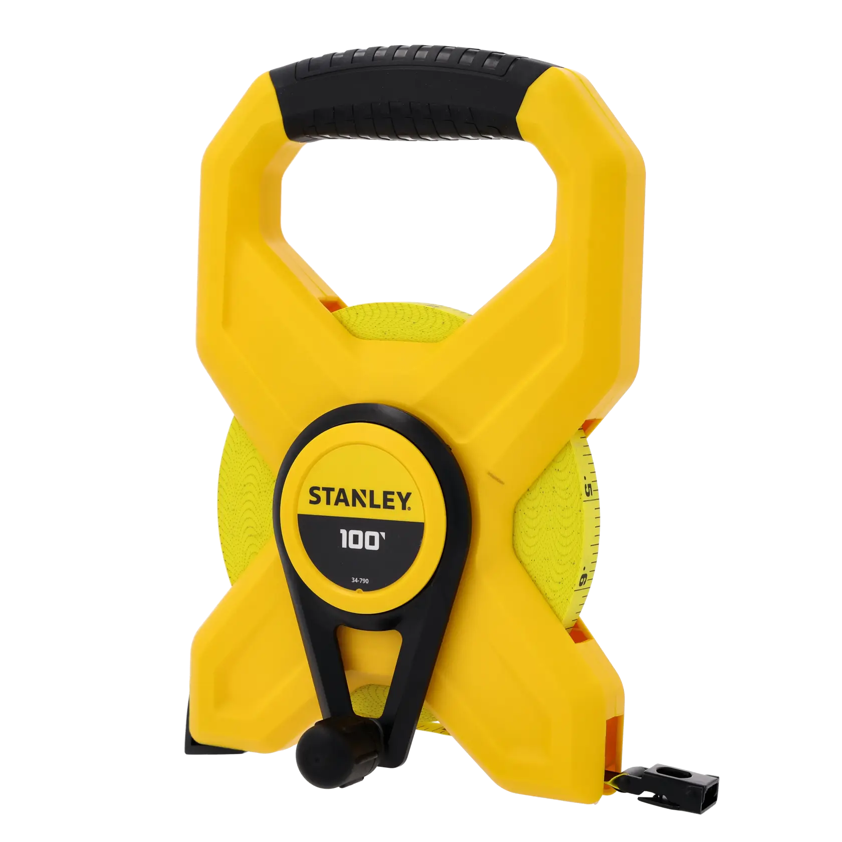 A yellow Stanley 100-foot open reel long tape measure with a plastic handle and frame, designed for precise distance measuring in photography and other applications.