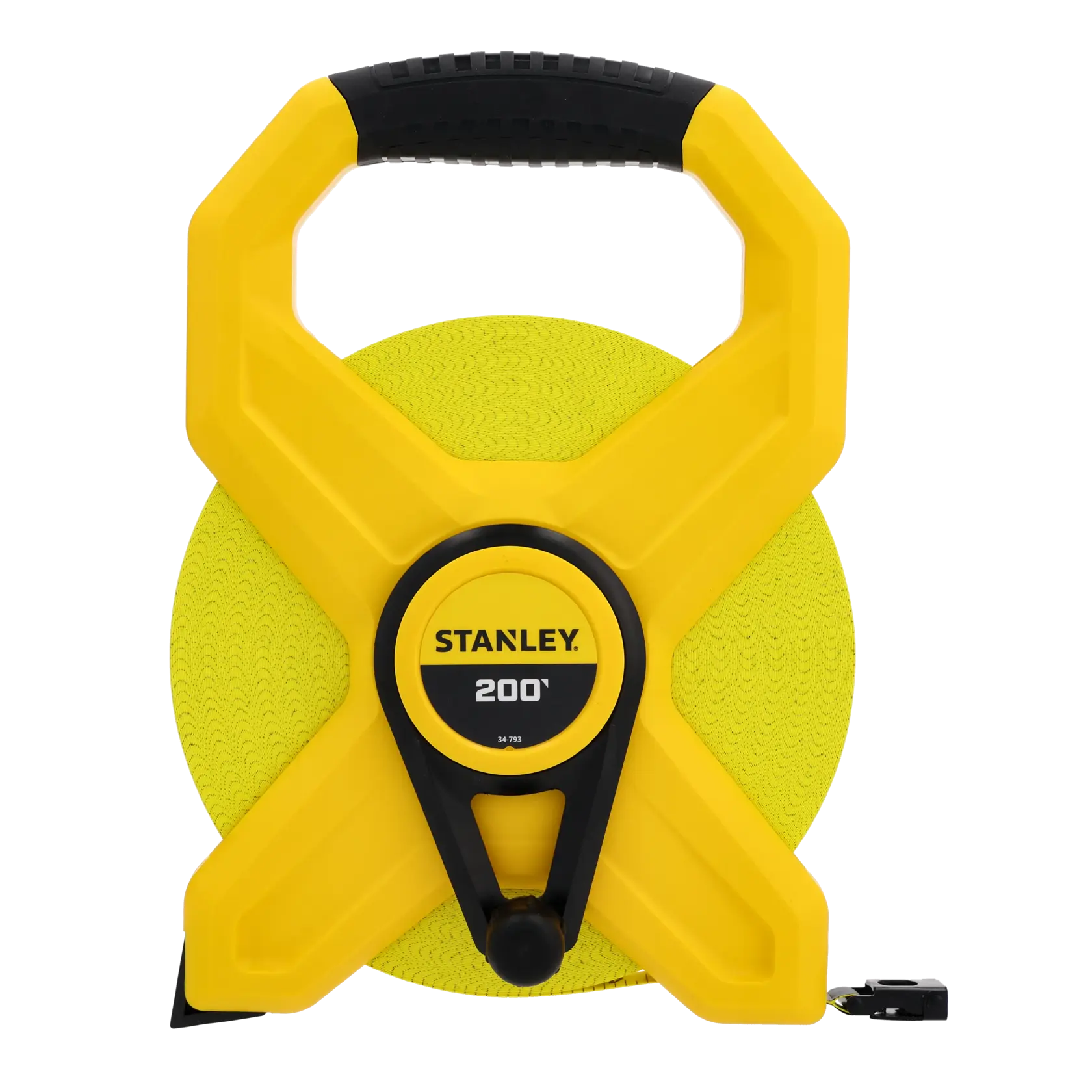 A yellow and black Stanley-branded open reel measuring tape with a 200-foot tape length, shown standing upright with the handle at the top.