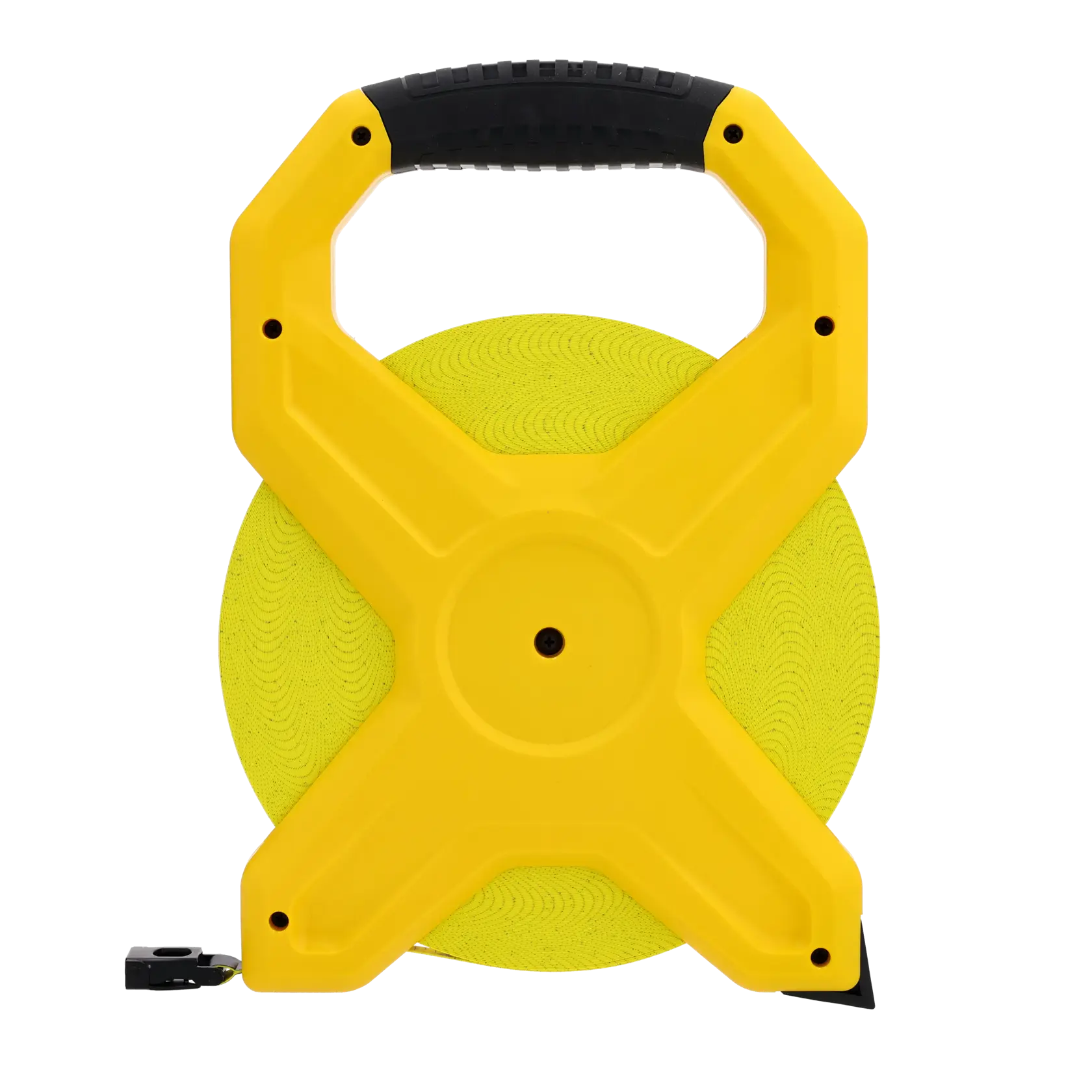 A yellow and black open reel measuring tape designed for use in surveying and construction. The tape is housed in an X-shaped plastic frame with a handle at the top.
