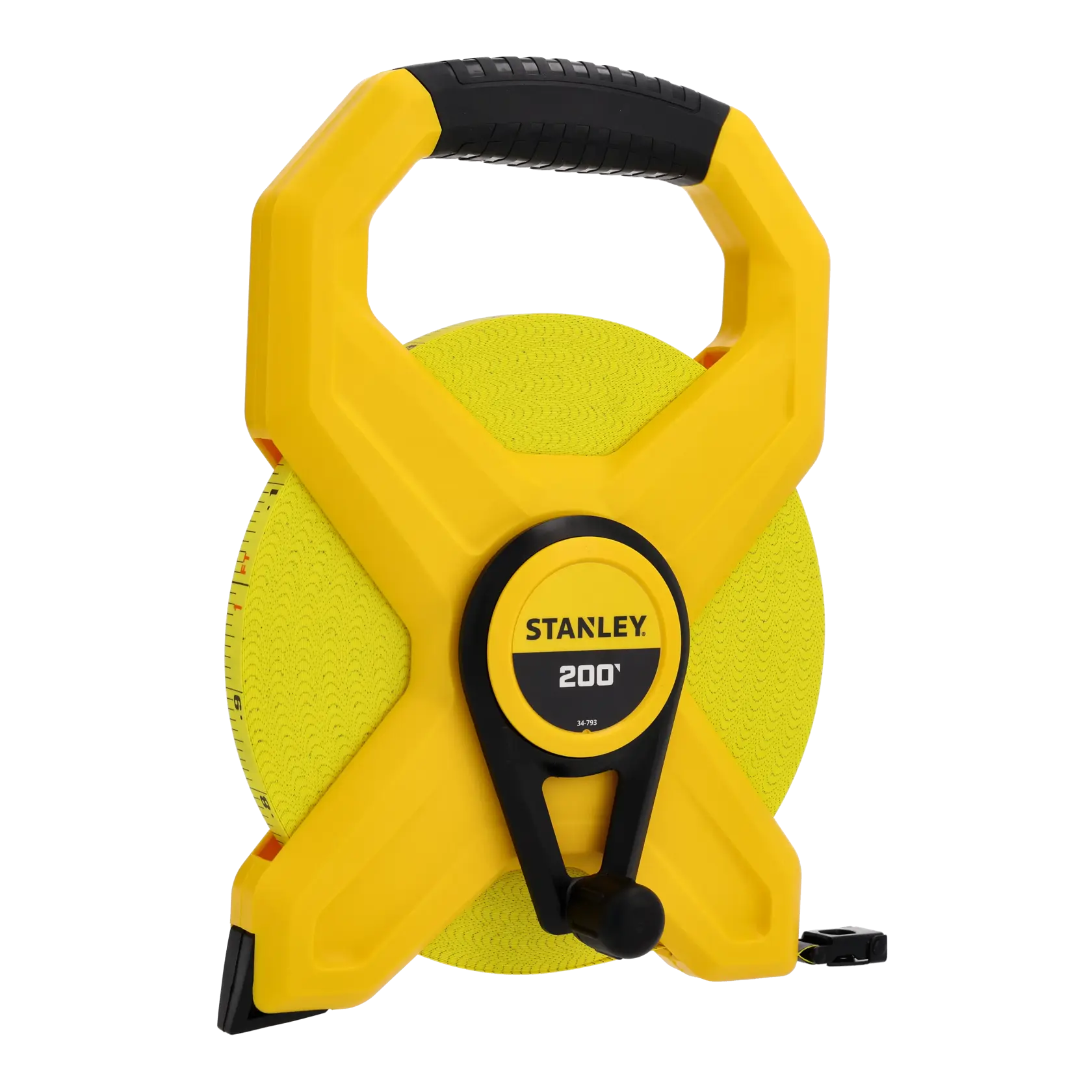 A yellow and black Stanley 200-foot open reel measuring tape, featuring a sturdy handle and a winding knob.