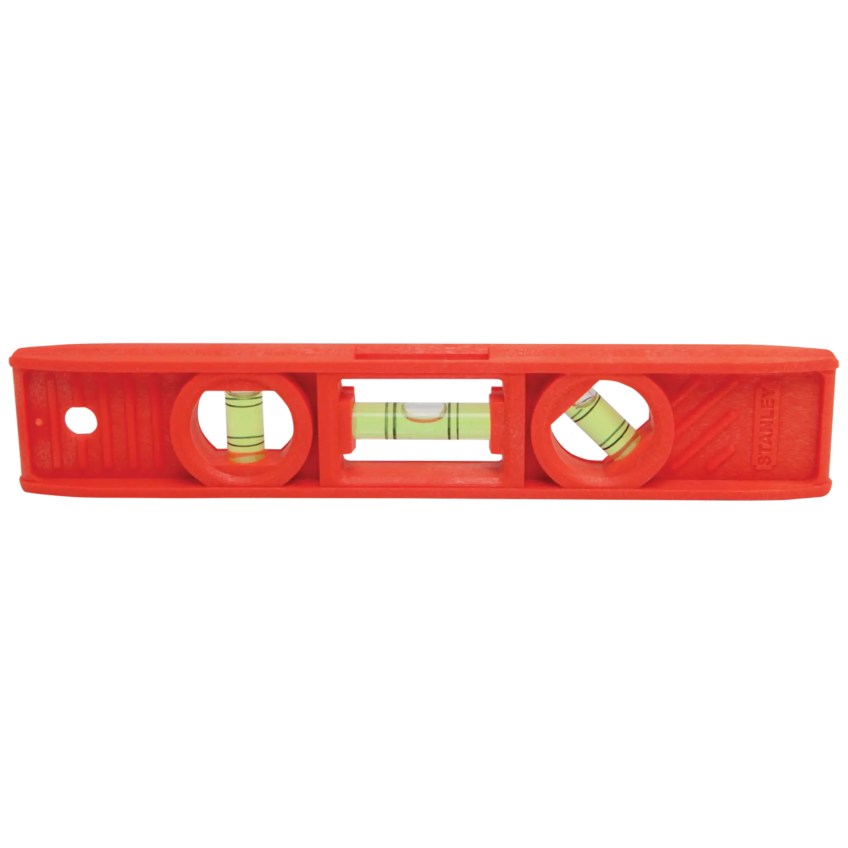 Stanley orange plastic torpedo level with three vials, front angle on white background