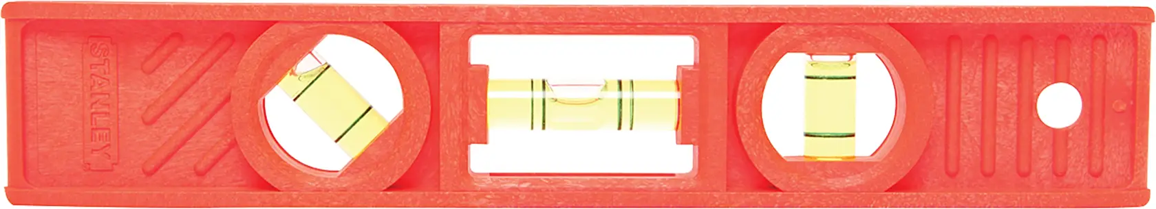 STANLEY 42-294 red plastic torpedo level with three vials, top view, white background.