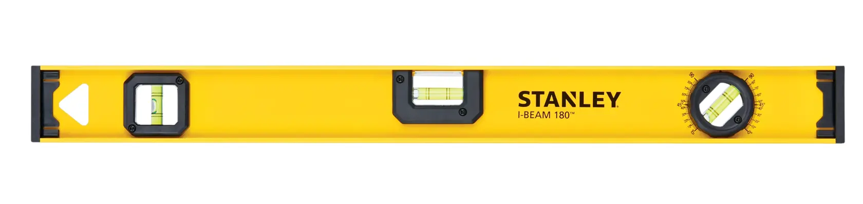 Stanley I-Beam 180 yellow spirit level, front view, with three bubble vials and black end caps.