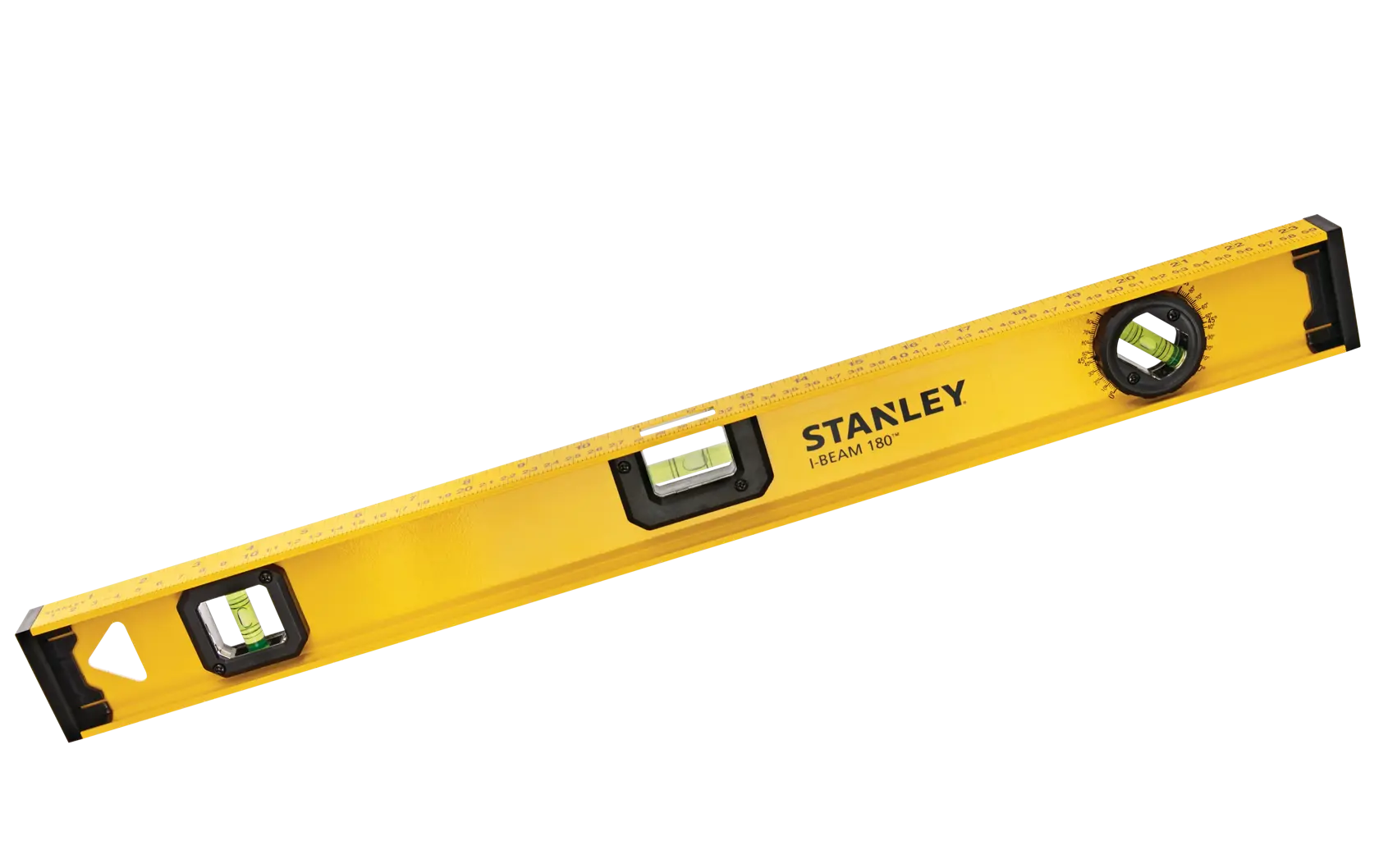 Photo of STANLEY 42-324 box level, yellow body with three bubble vials, top view on white background.