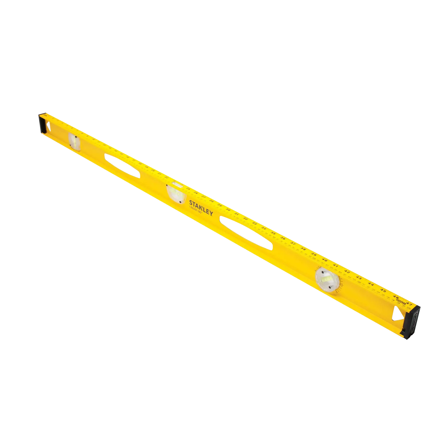 STANLEY 42-324 yellow box level with ruler markings, three vials, side angle, white background.