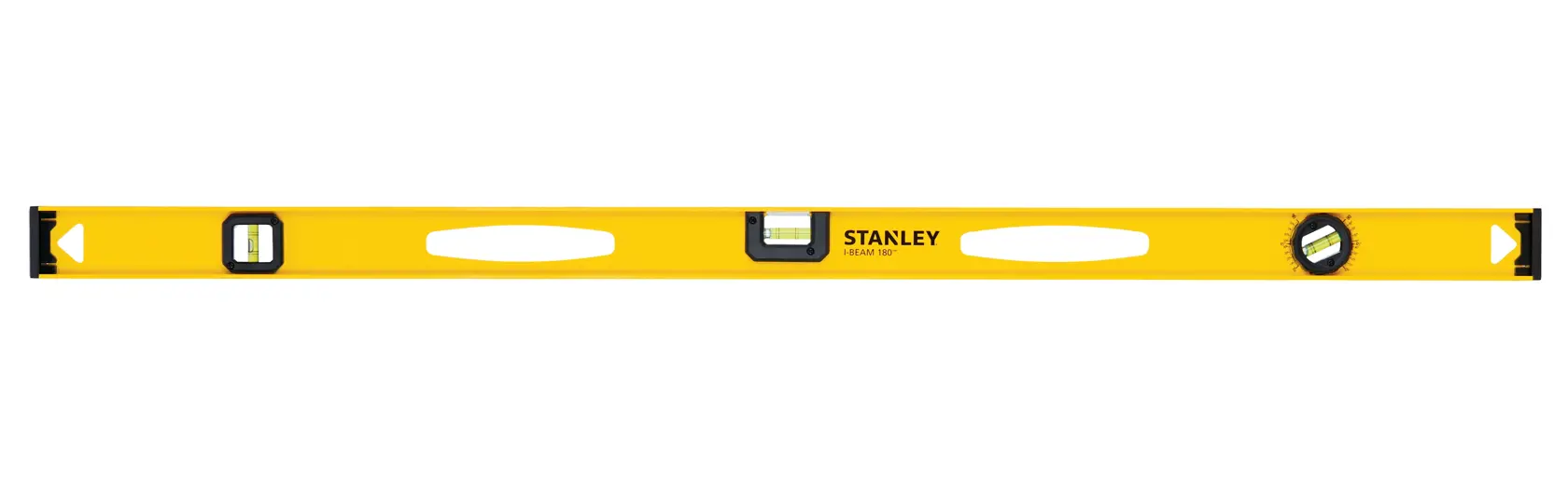 Stanley yellow spirit level, front angle on white background, three bubble vials and two handle cutouts