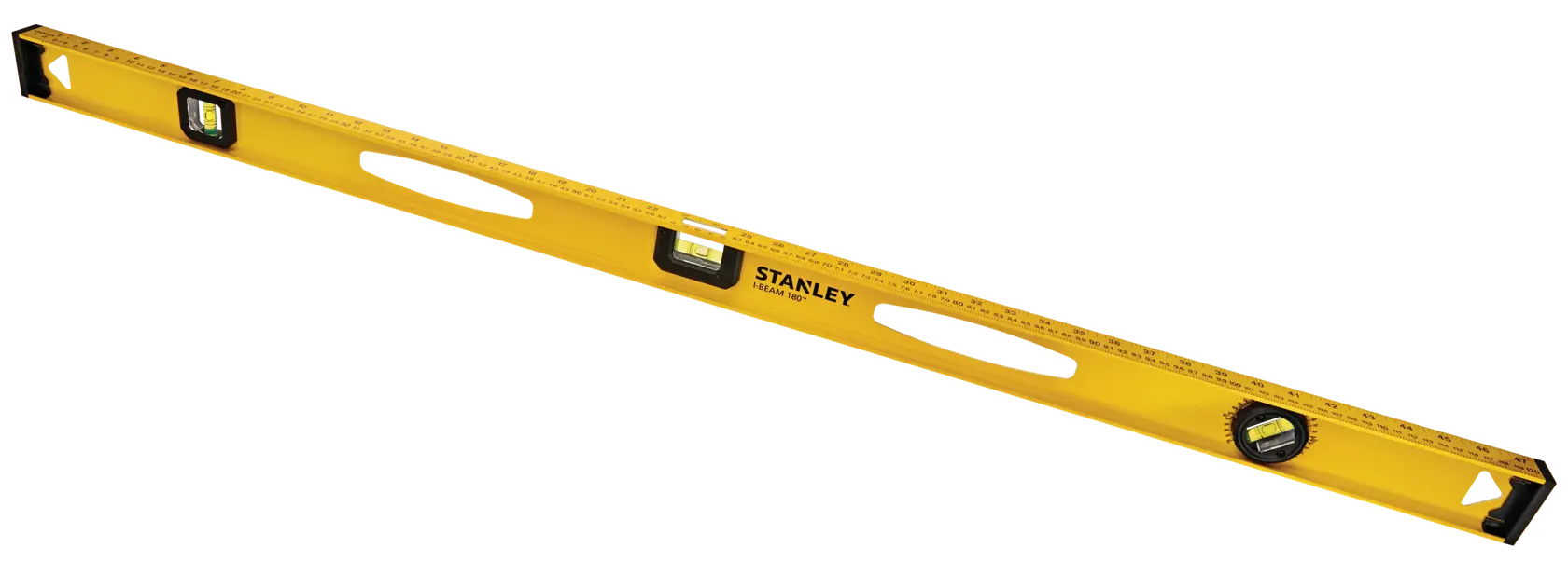 Stanley yellow box level with three vials and ruler markings, angled on white background