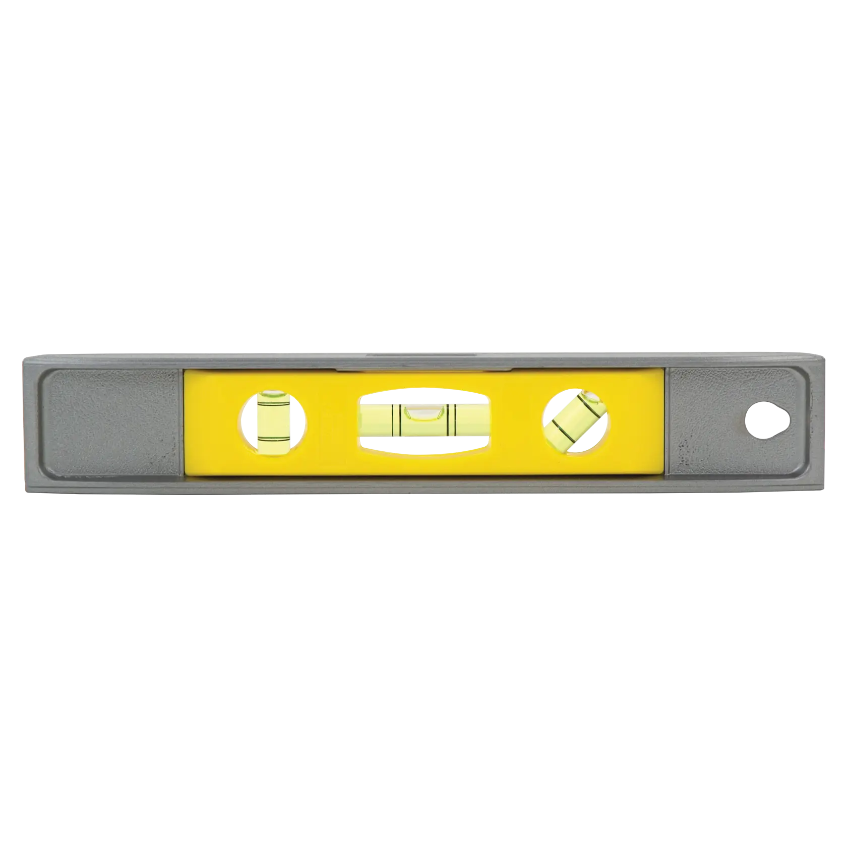 Stanley spirit level front view, gray frame with yellow center and three bubble vials on white background.