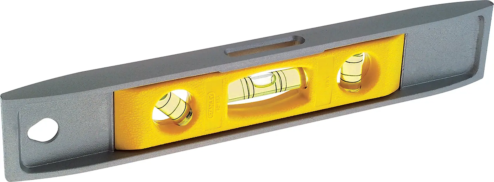 STANLEY 42-465 box beam level, gray and yellow, angled view, shows three vials for measuring.