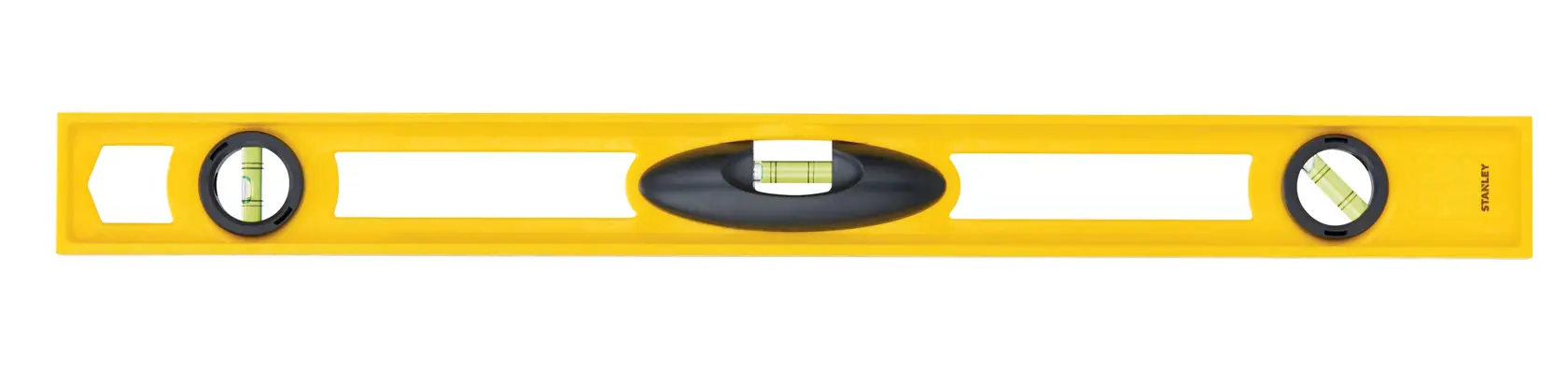 Stanley yellow spirit level, straight-on view, three vial windows, black accents, white background.