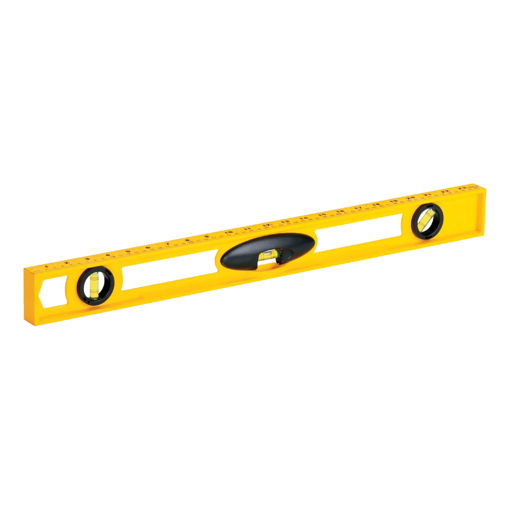 Stanley yellow spirit level with three vials and ruler markings, straight-on angle, white background