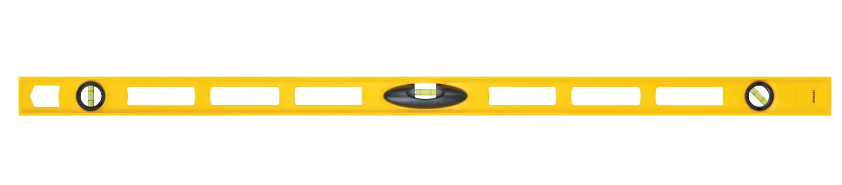 Stanley yellow box level with three bubble vials, straight-on angle, shown on white background