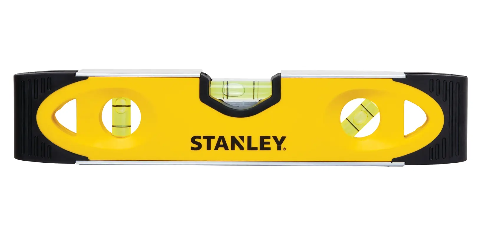 Front view of a STANLEY yellow and black spirit level with three vials on a white background.