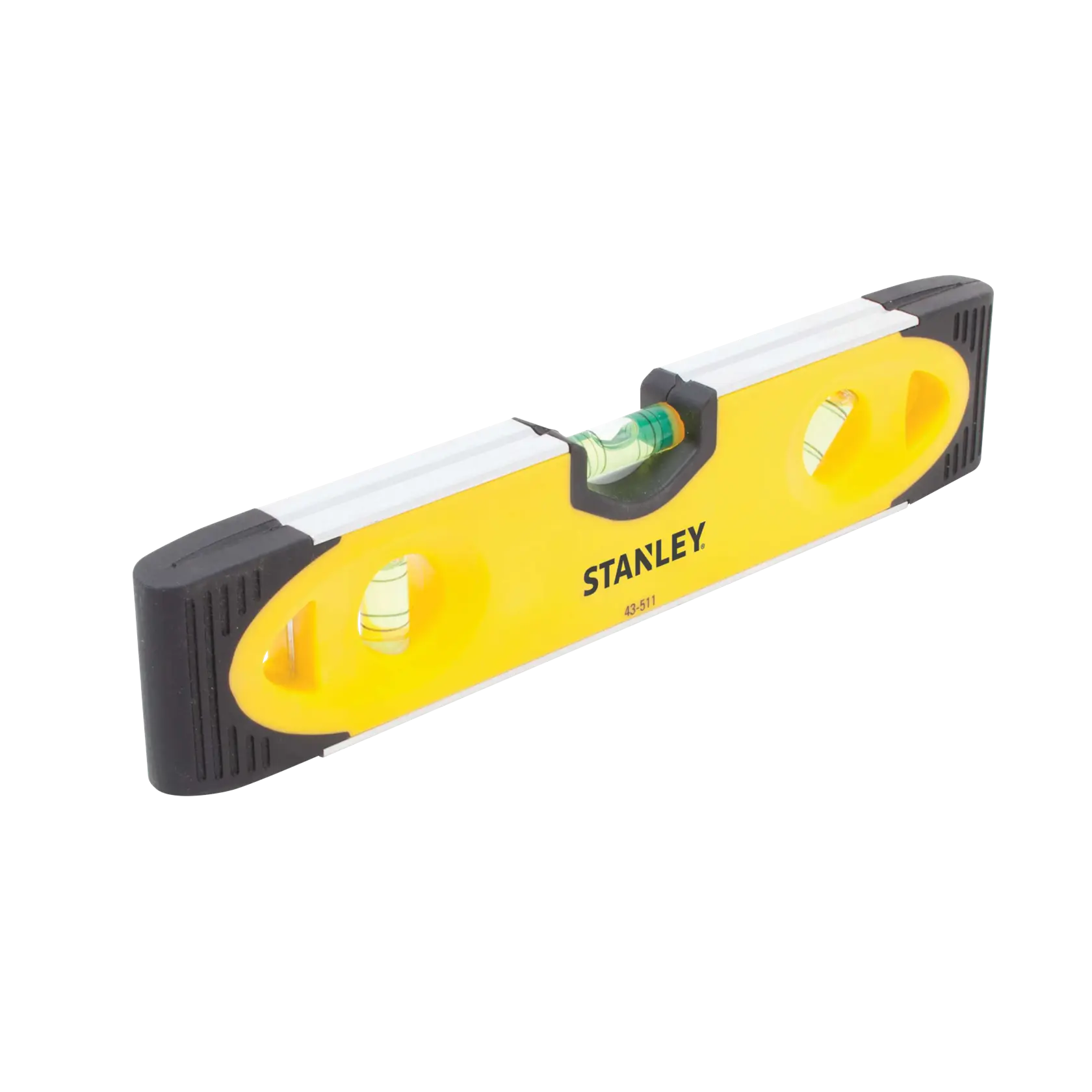 Stanley yellow and black spirit level with three vials, angled view on white background