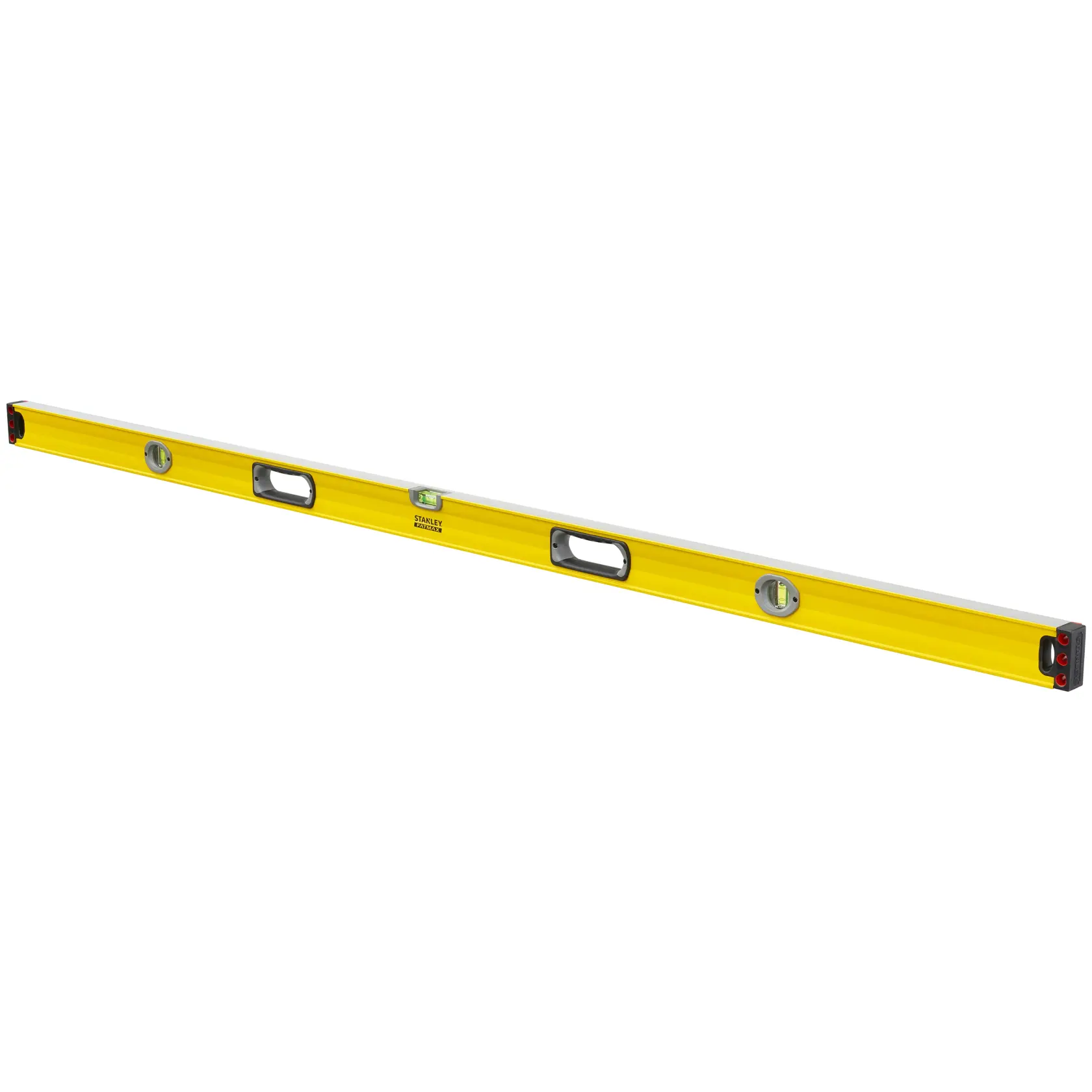 STANLEY 43-572 yellow box level with three vials and two handle grips, angled on white background.
