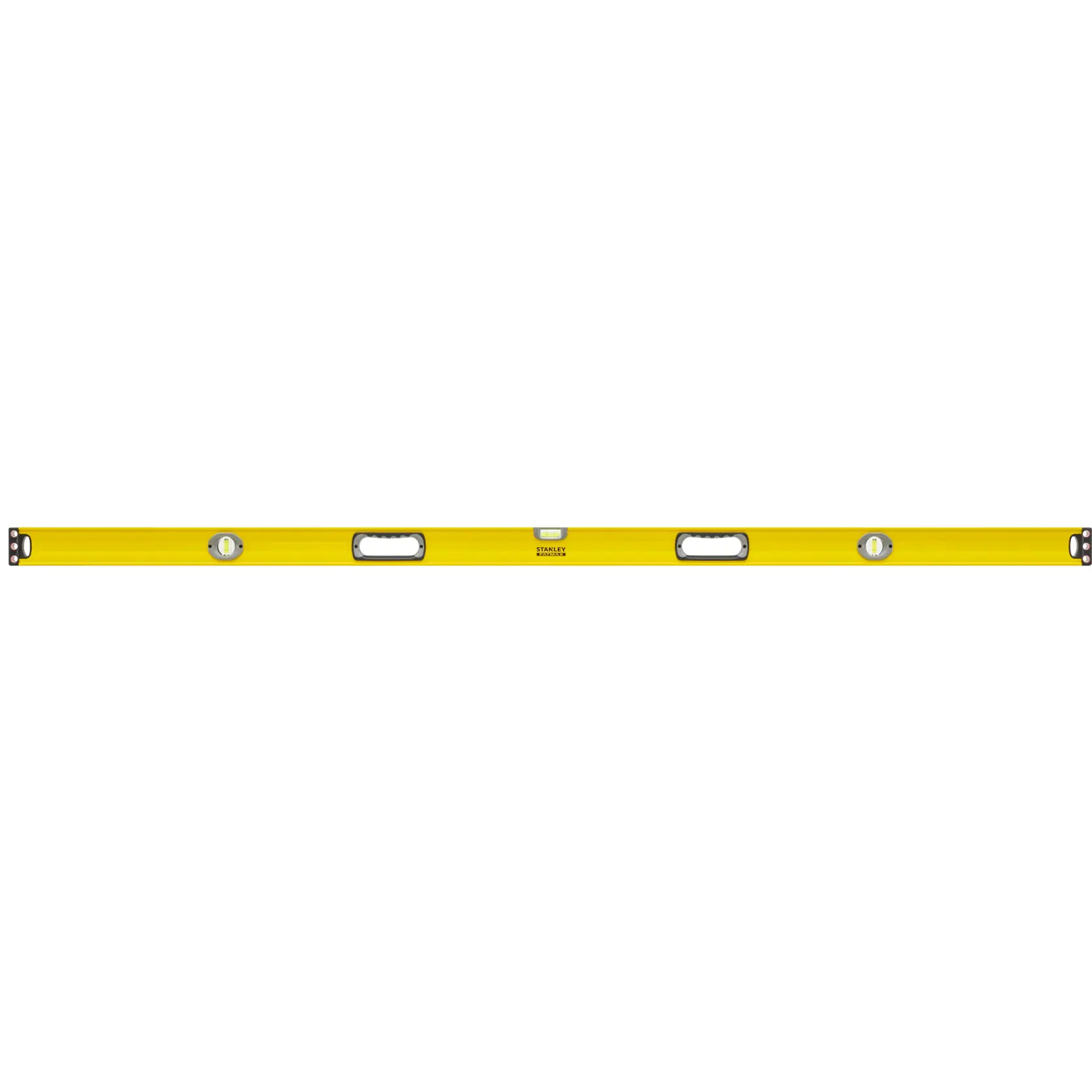 Stanley yellow box level side view with three bubble vials and two ergonomic hand grips on white background