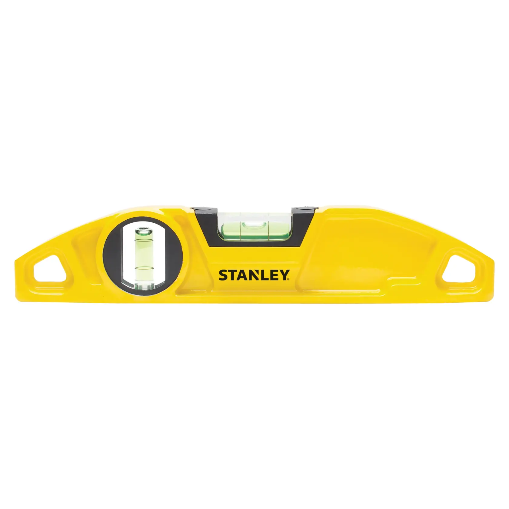 Front view of STANLEY yellow spirit level with dual vials and central STANLEY logo on white background