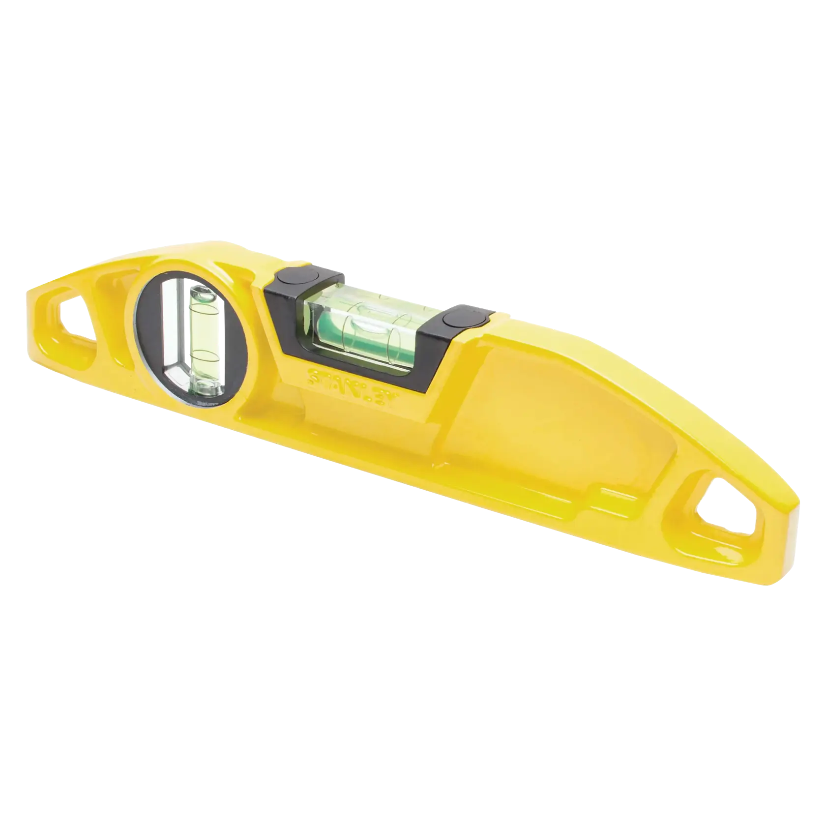 Stanley yellow torpedo level with two bubble vials, angled side view on white background