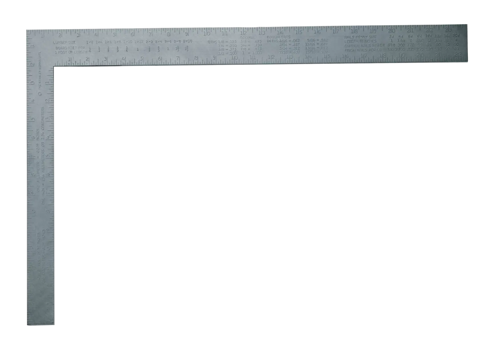 STANLEY steel framing square with etched measurement markings, L-shaped, top-down view on white background