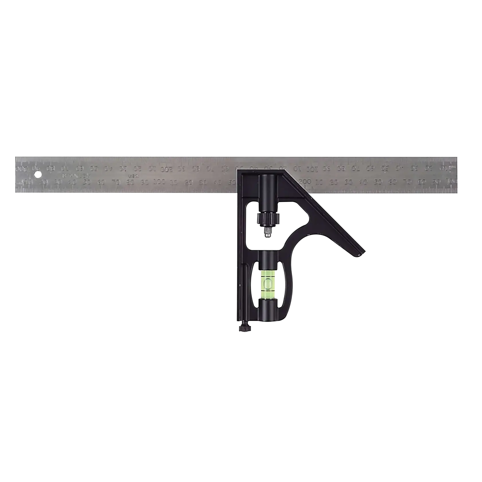 STANLEY 46-028 combination square with black handle and metal ruler, front angle on white background.