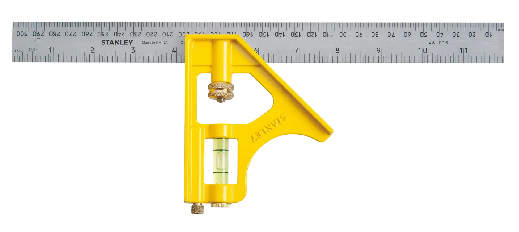 Photo of STANLEY 46-028 combination square with yellow handle and stainless steel ruler, top view on white background.