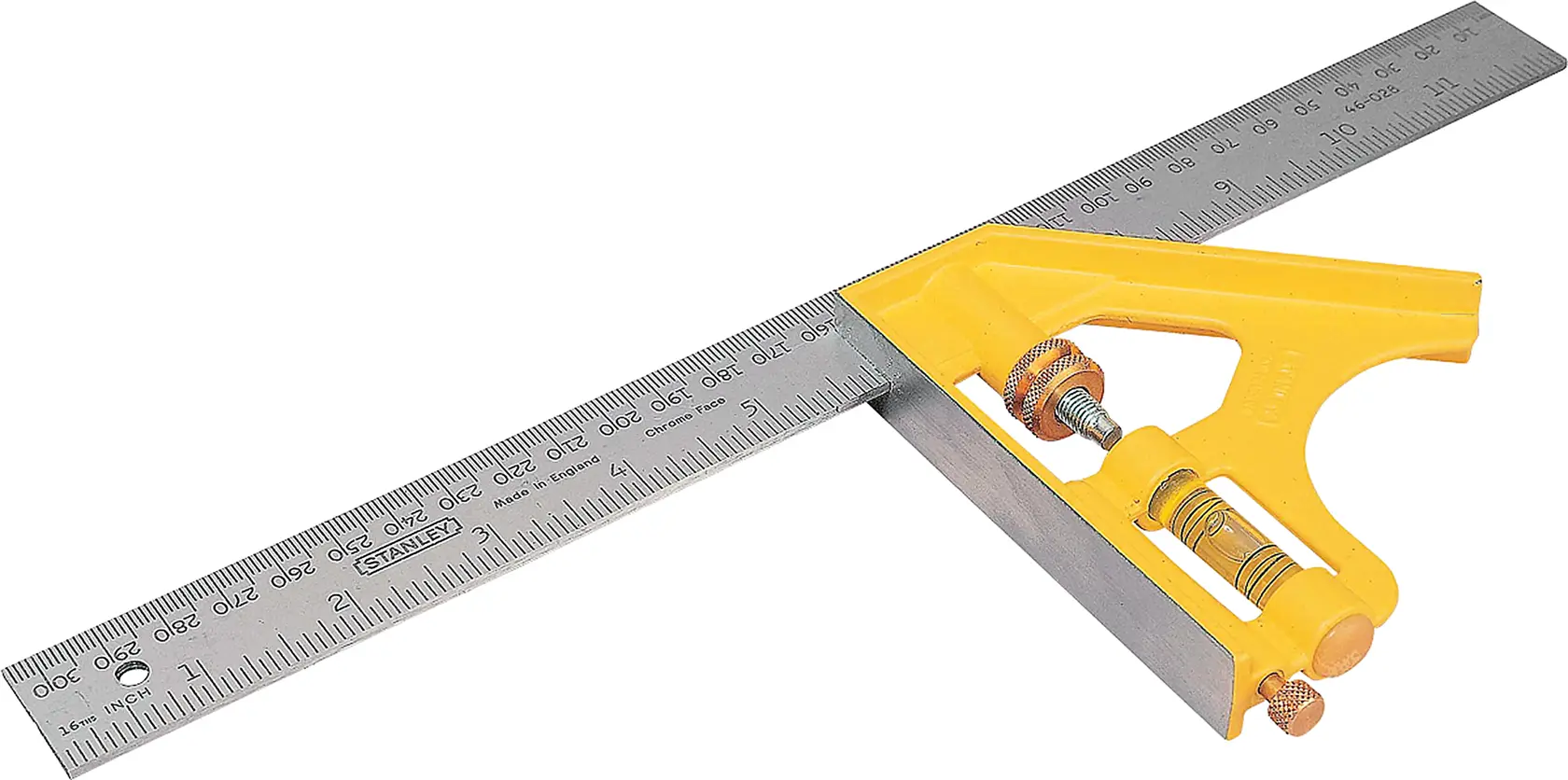 STANLEY 46-028 combination square with yellow handle and stainless steel ruler, top angle on white background.