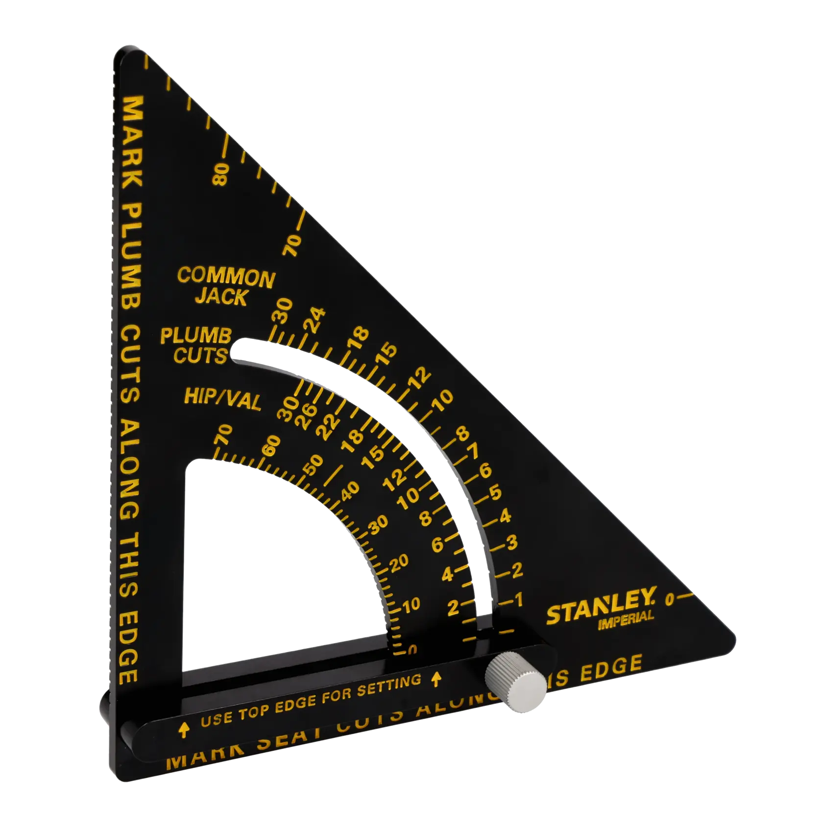 STANLEY 46-053 black steel rafter square with yellow markings, side angle, white background.