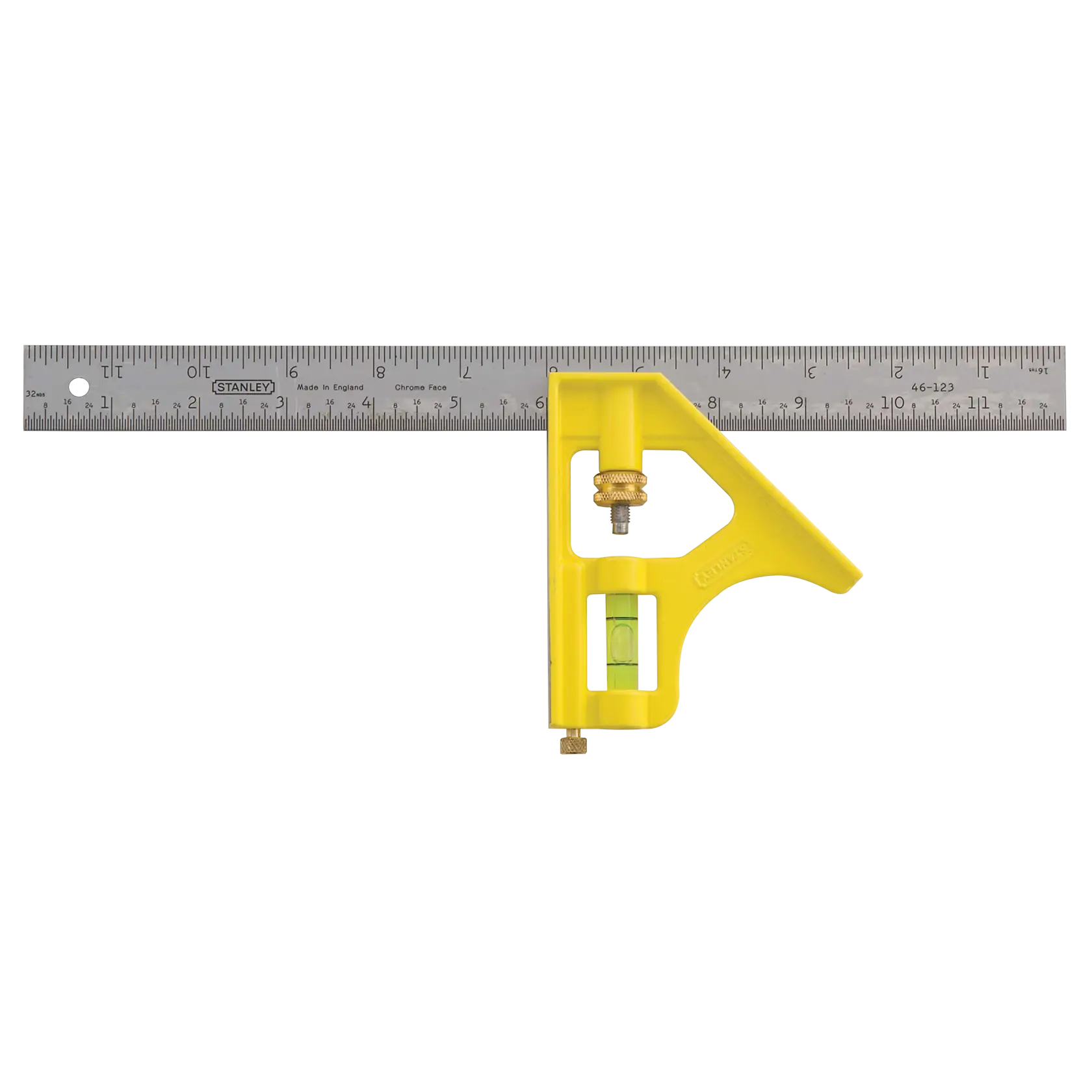 Stanley combination square, front view, with yellow handle and chrome ruler on white background.