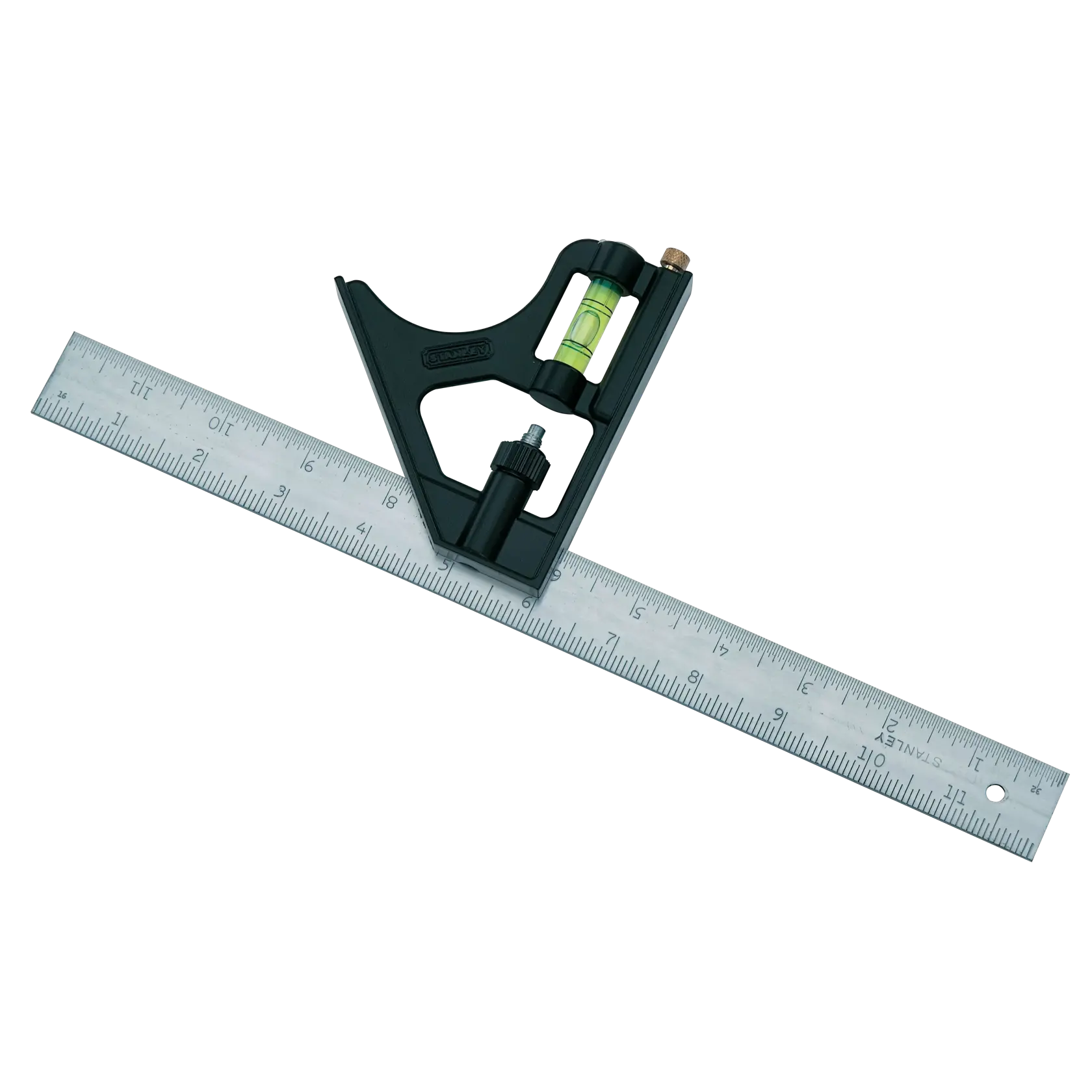Stanley combination square with metal ruler and built-in spirit level, angled top view on white background