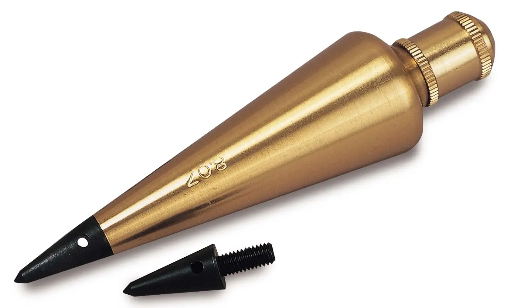 STANLEY 47-973 brass plumb bob with black steel tip and extra replacement tip, side angle on white background.