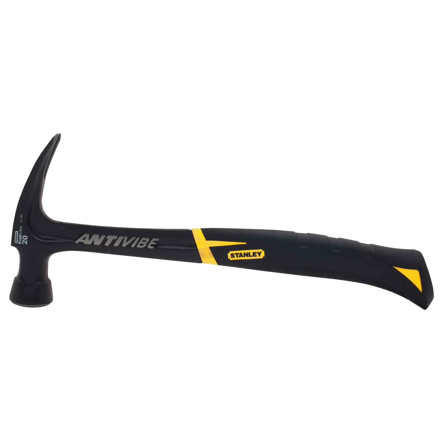 Photo of STANLEY 51-165 Antivibe claw hammer, black and yellow handle, side angle on white background.