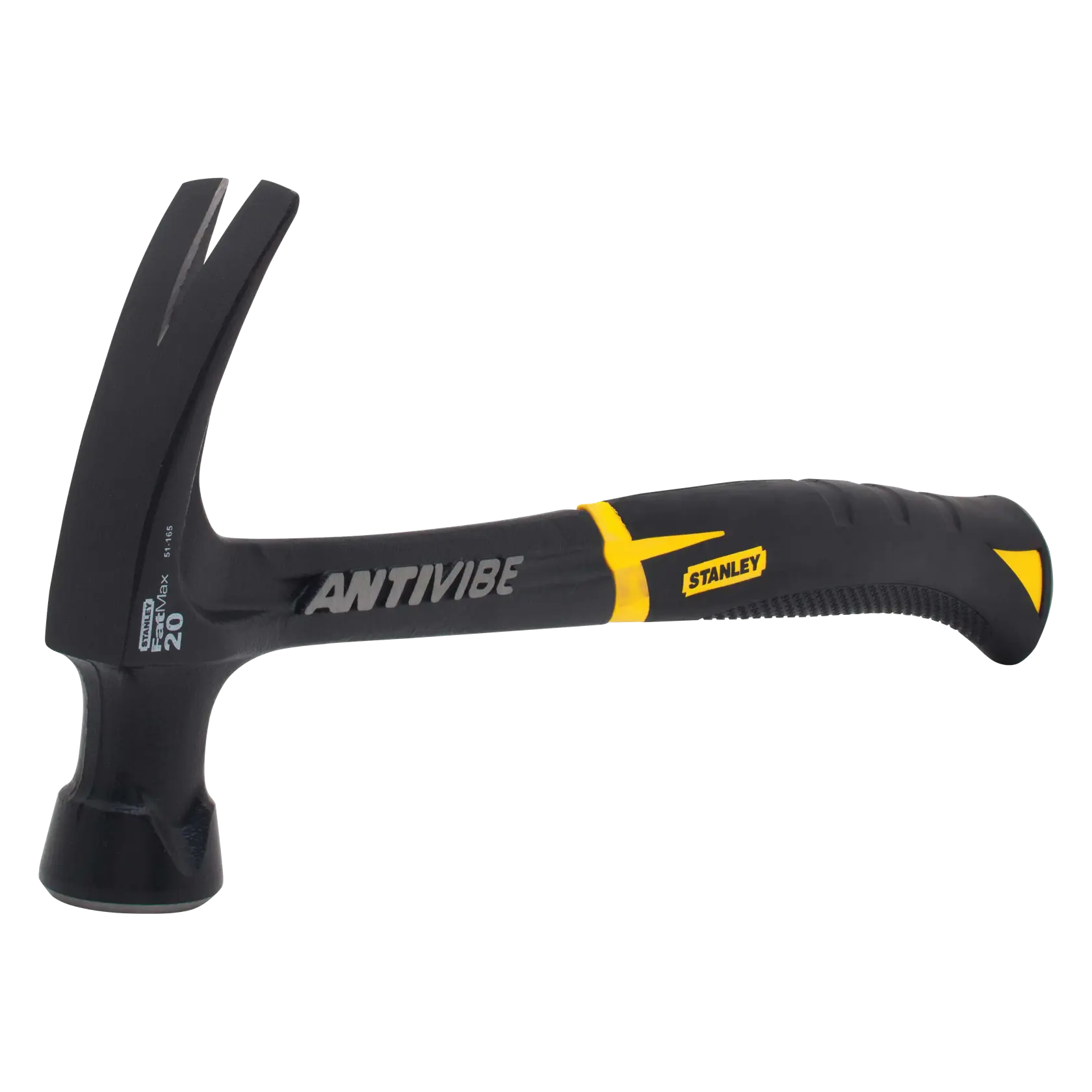 STANLEY 51-165 Antivibe claw hammer, black and yellow handle, side angle photo.