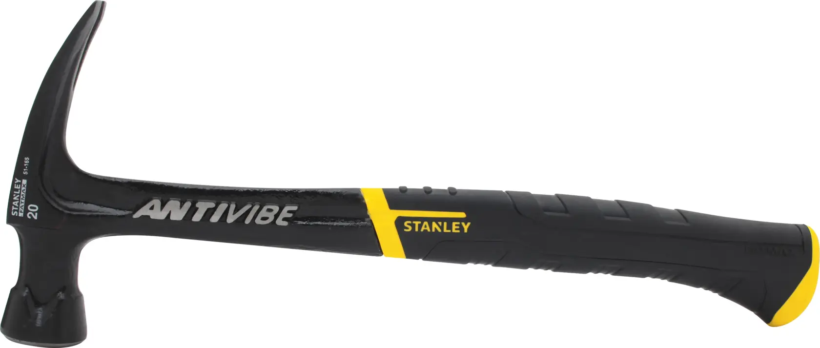 Photo of STANLEY 51-165 claw hammer with black and yellow anti-vibration handle, side view on white background.
