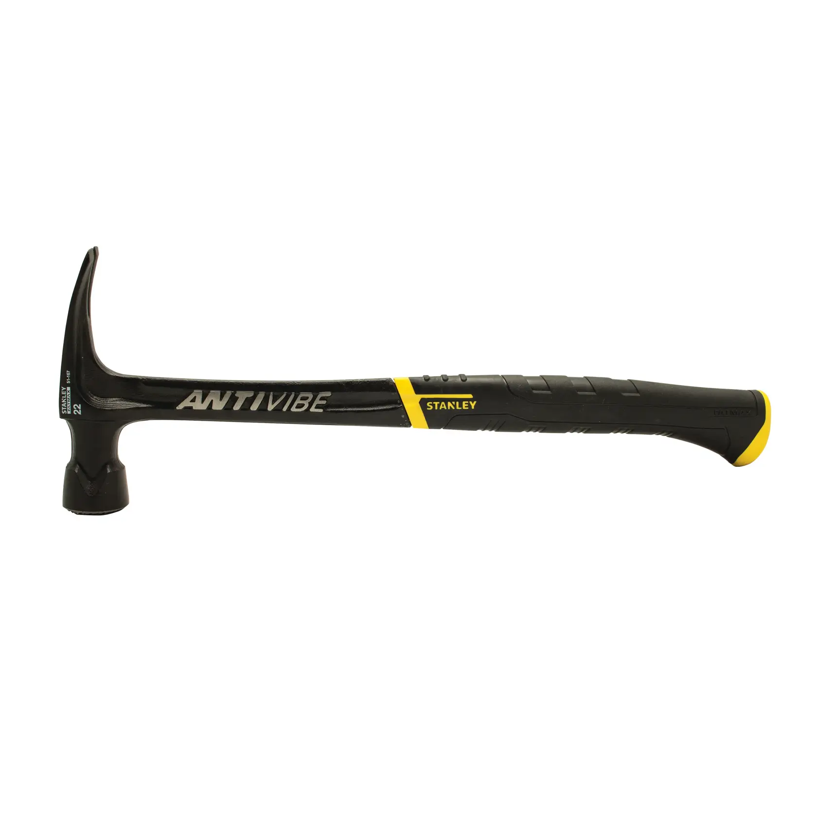 STANLEY 51-167 black anti-vibration claw hammer, side view on white background, photography.