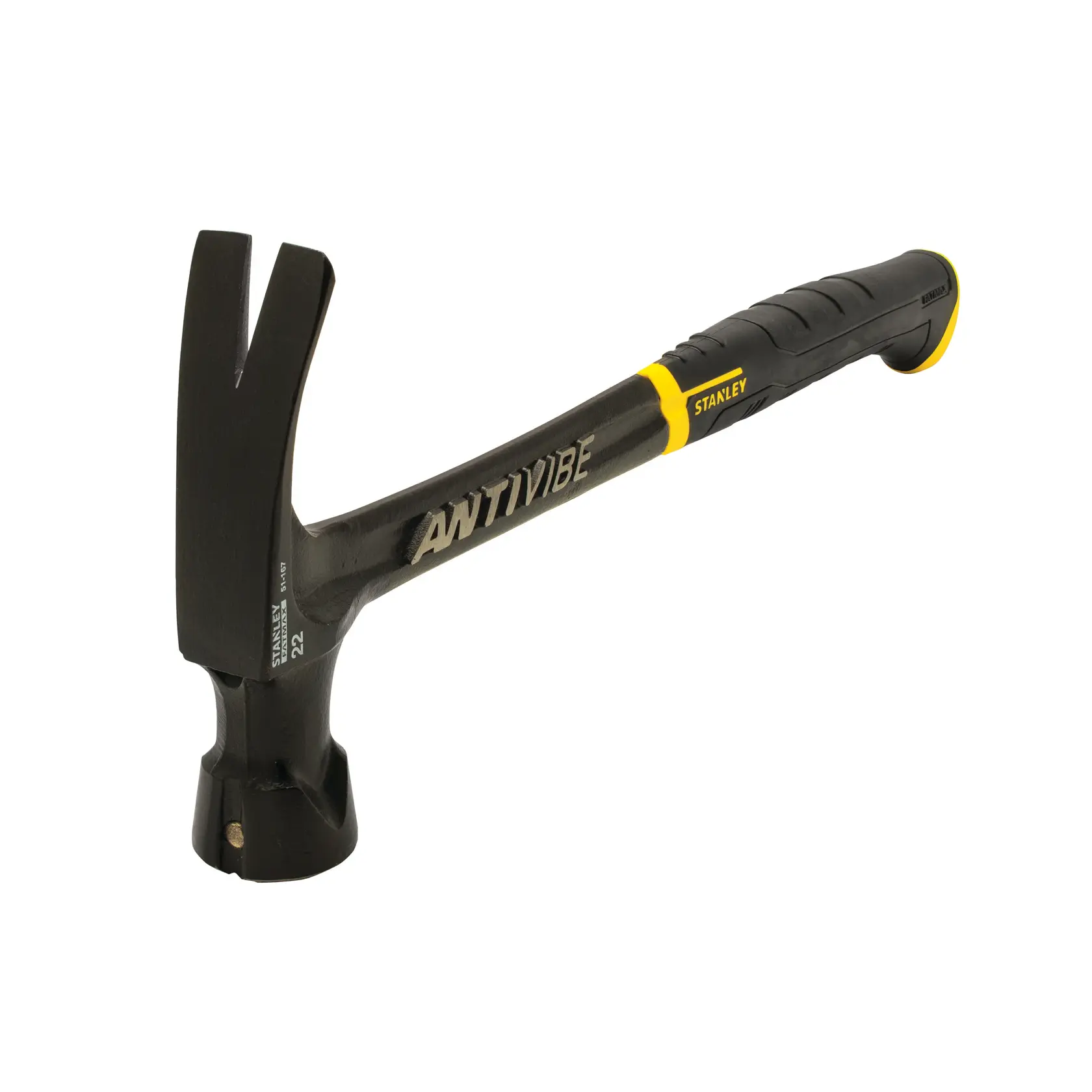 STANLEY 51-167 black and yellow AntiVibe claw hammer, side angle, ergonomic handle.