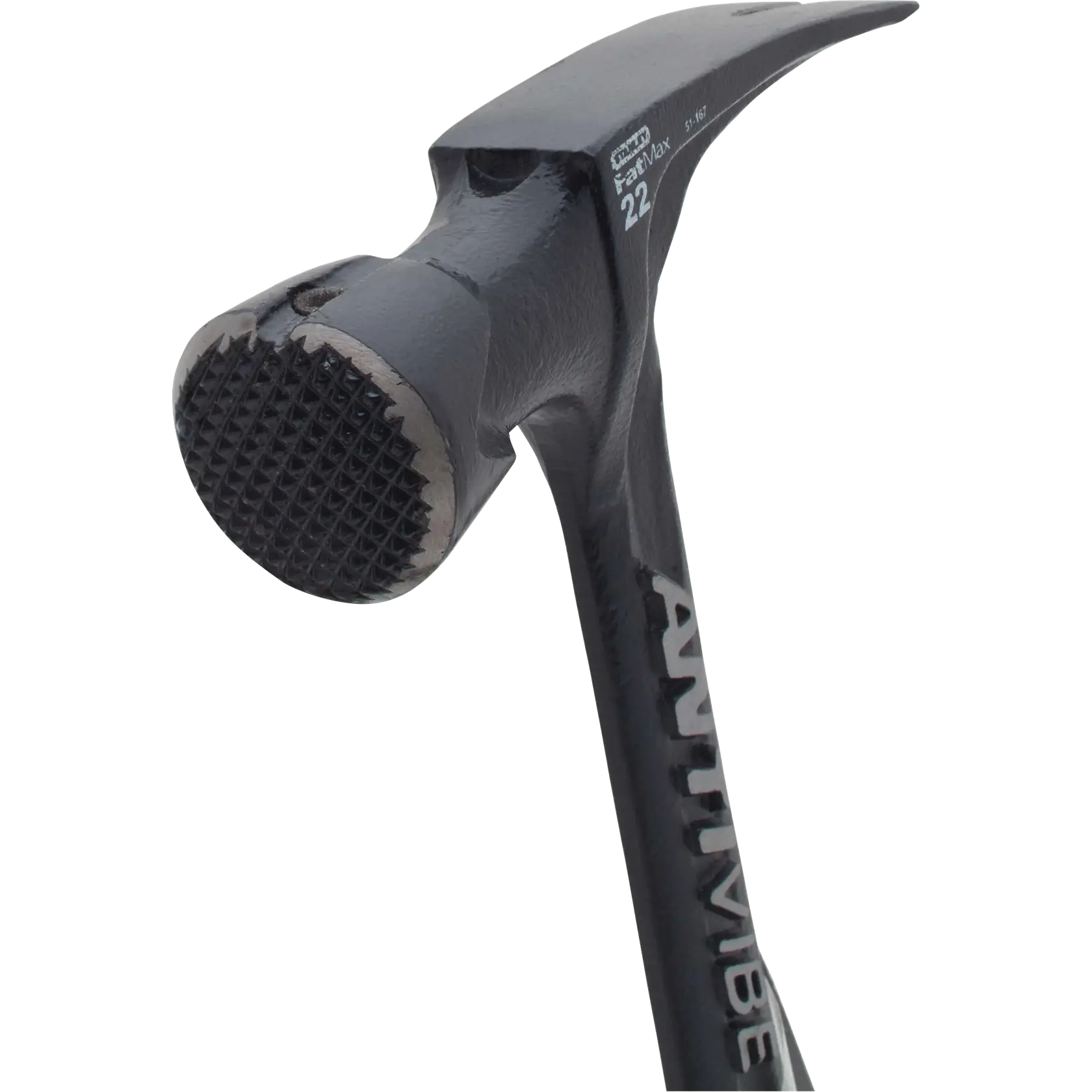 STANLEY 51-167 claw hammer with anti-vibration handle, close-up of milled striking face, white background.