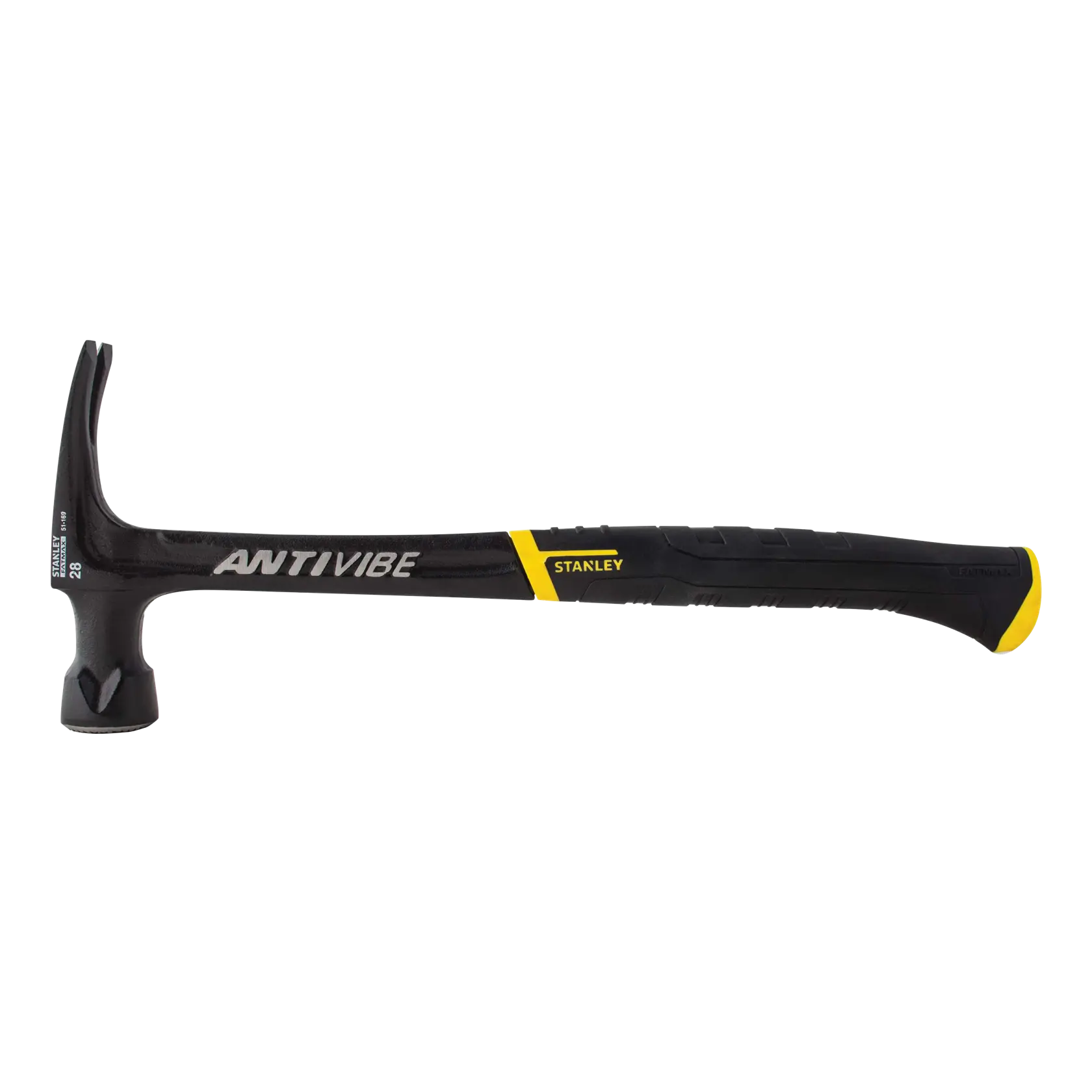 STANLEY 51-169 claw hammer, black and yellow, side view on white background, ANTI VIBE logo visible.