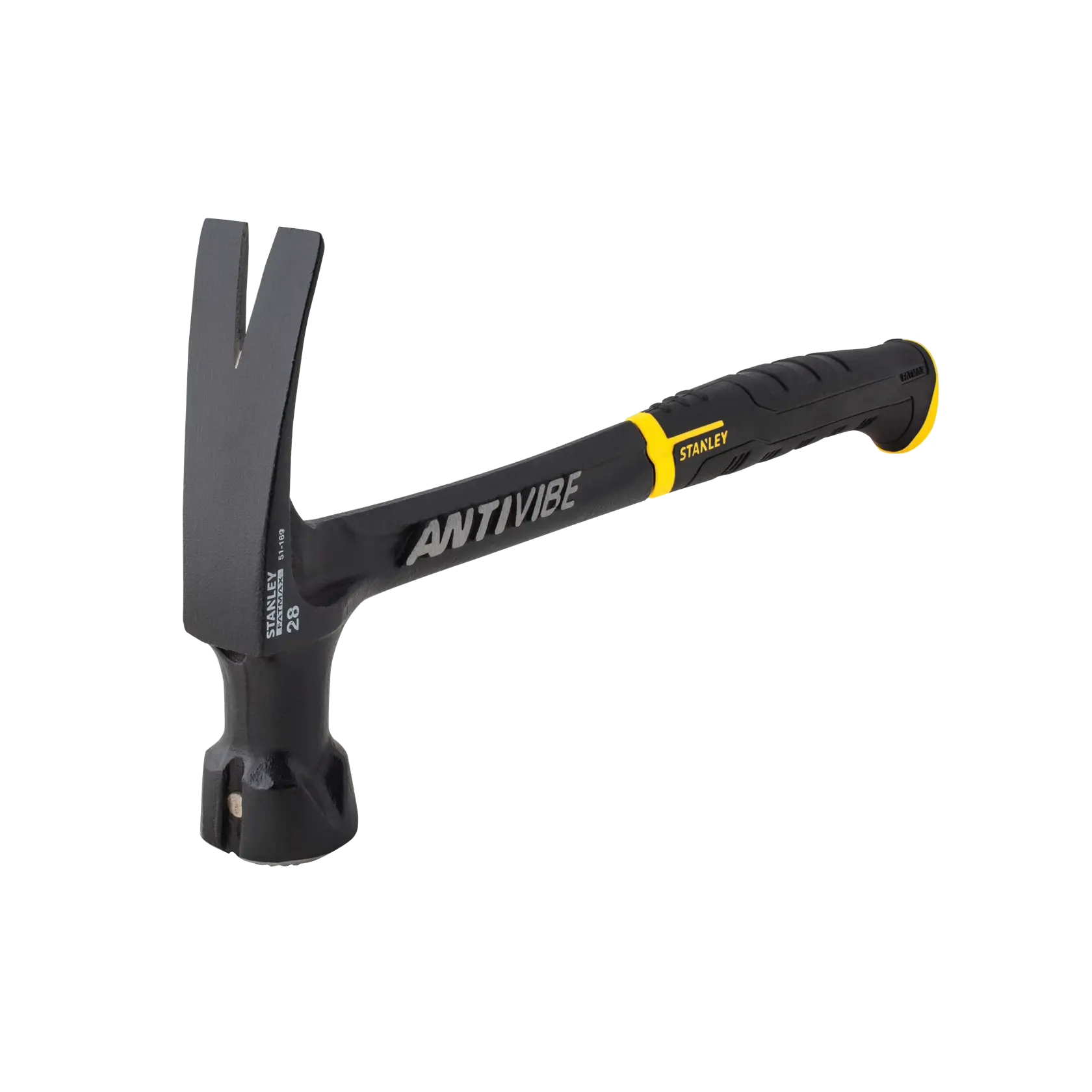 Stanley 51-169 claw hammer with black and yellow handle, Antivibe logo, side angle on white background.