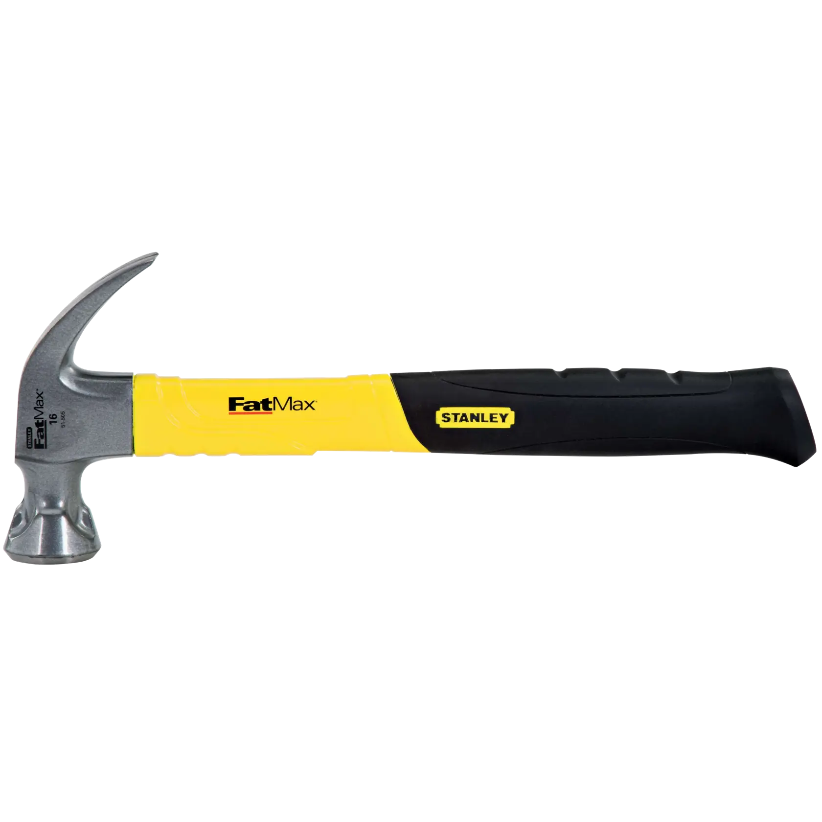 STANLEY 51-505 claw hammer with yellow and black handle, side view, FatMax branding, hand tool.