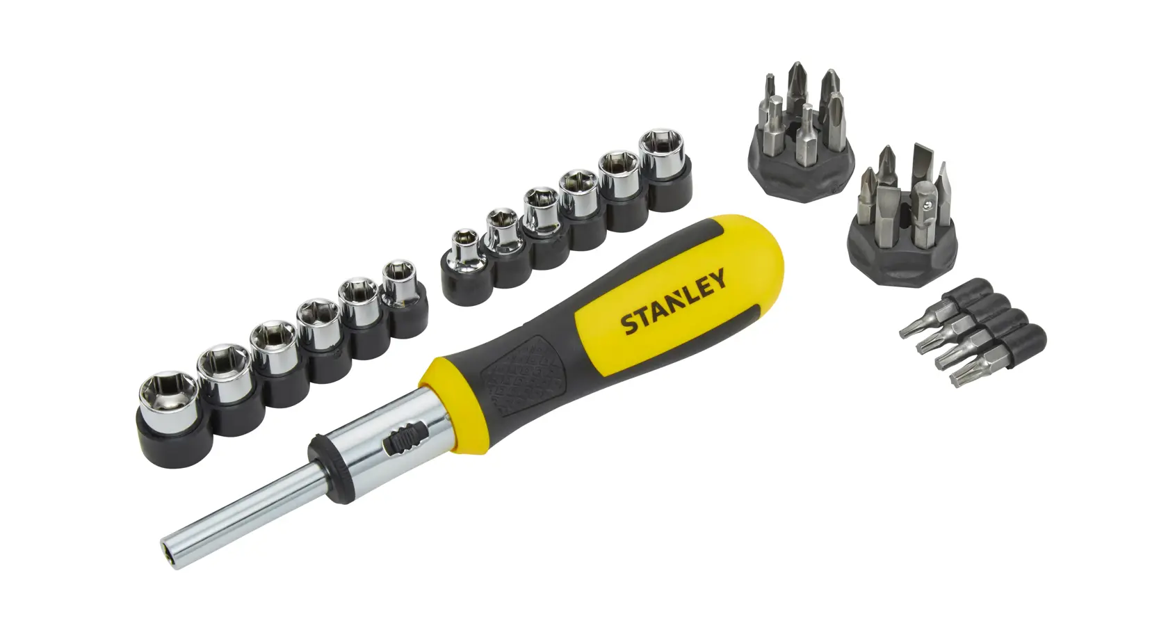 STANLEY 54-925 screwdriver set with yellow handle, multiple sockets and assorted bits, top angle.