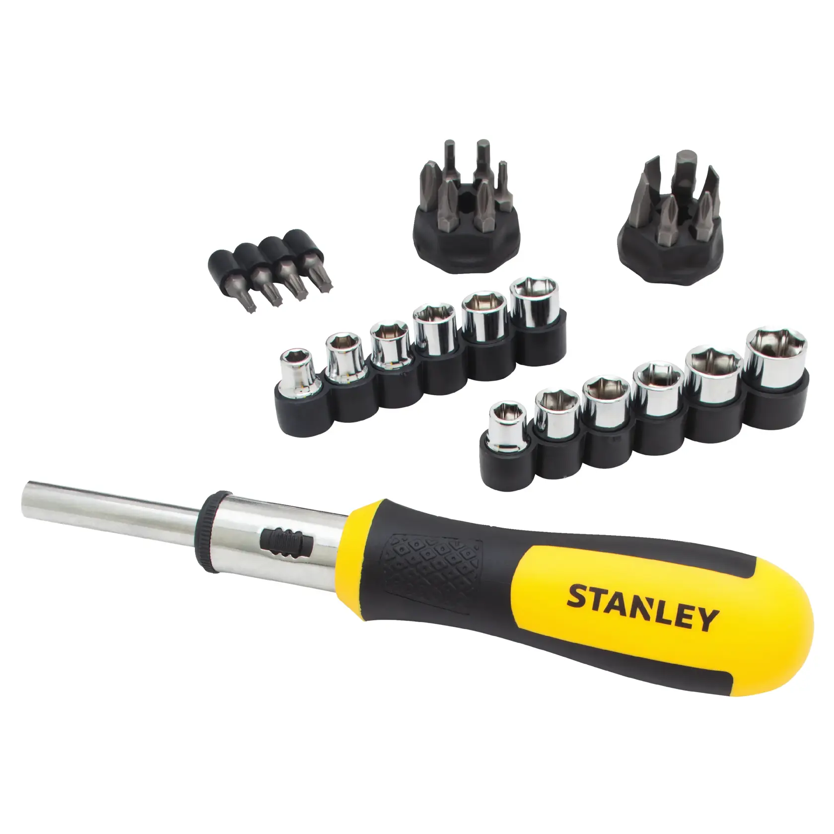 STANLEY 54-925 screwdriver set with yellow handle, assorted bits and sockets, frontal view on white background.