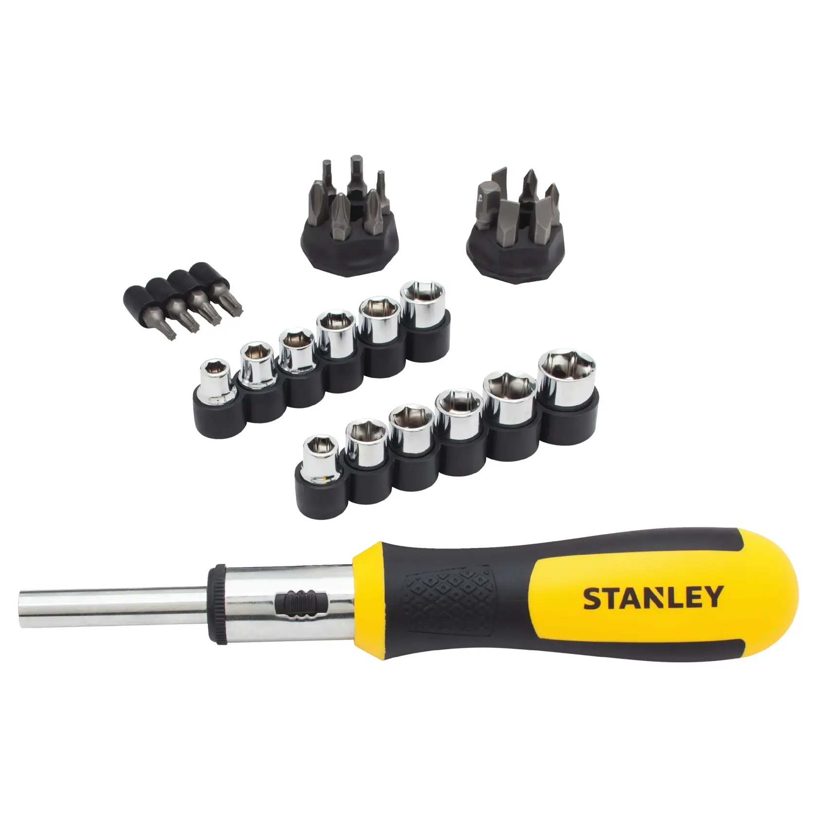 Photo of STANLEY 54-925 screwdriver and socket set with yellow and black handle, various bits, and sockets on white background.
