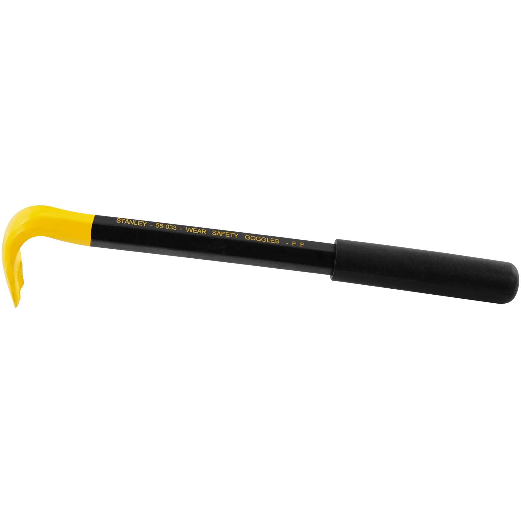 STANLEY 55-033 pry bar with yellow curved end and black handle, side angle, hand tool category.