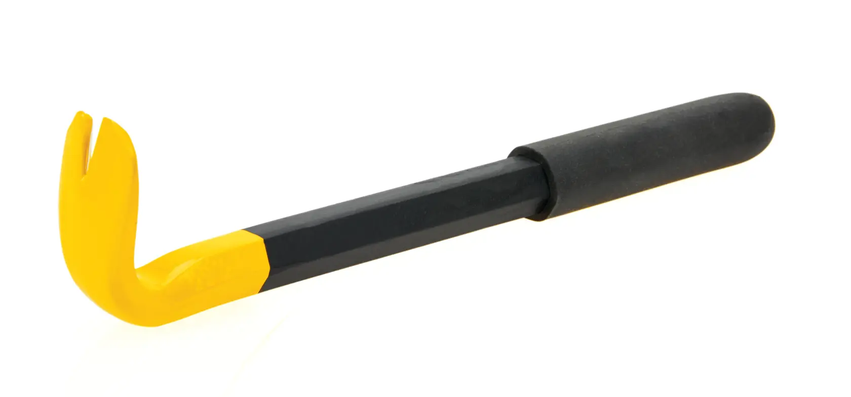 STANLEY 55-033 pry bar with yellow curved end, black handle, front angle on white background.