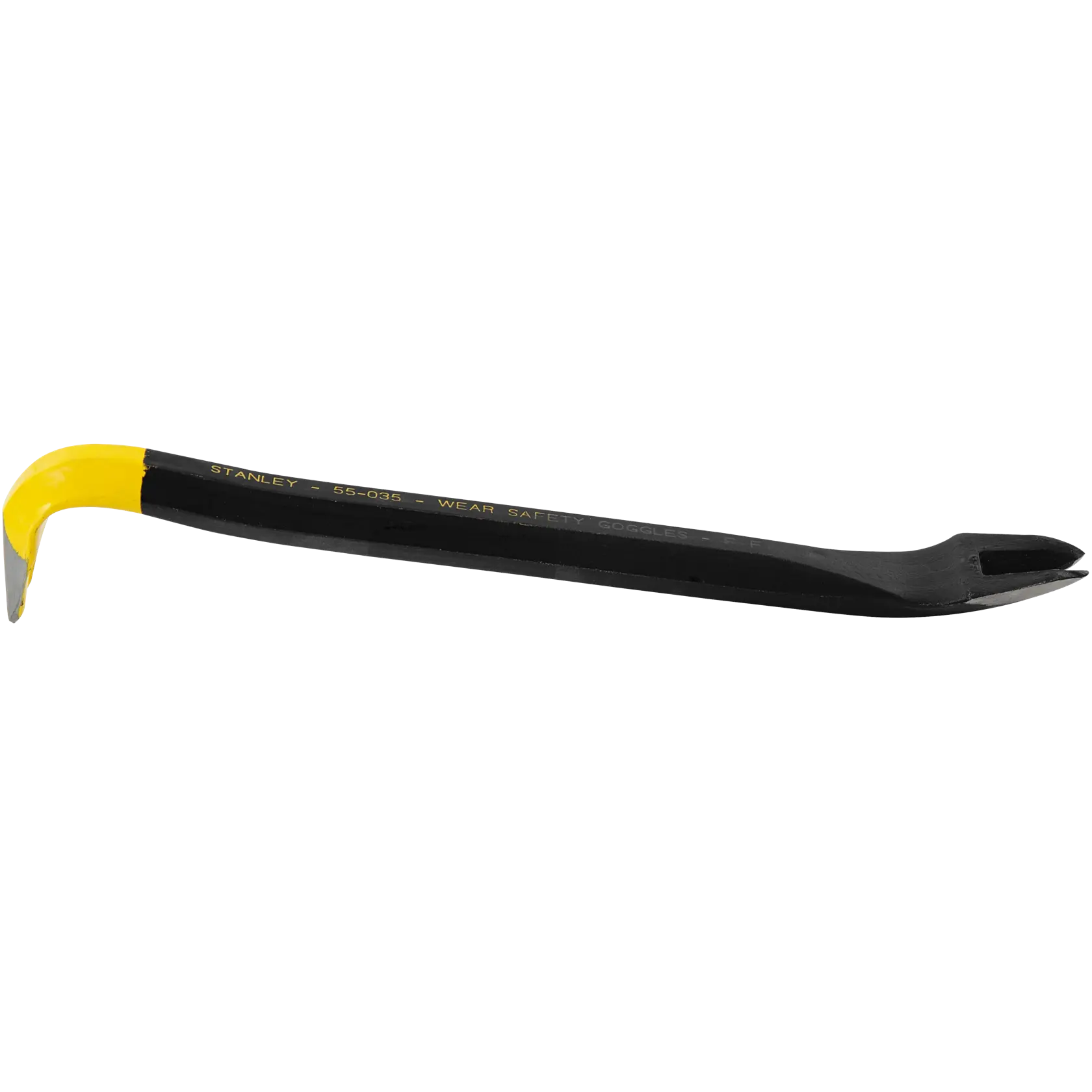 Stanley 55-035 pry bar with yellow and black finish, side angle on white background.