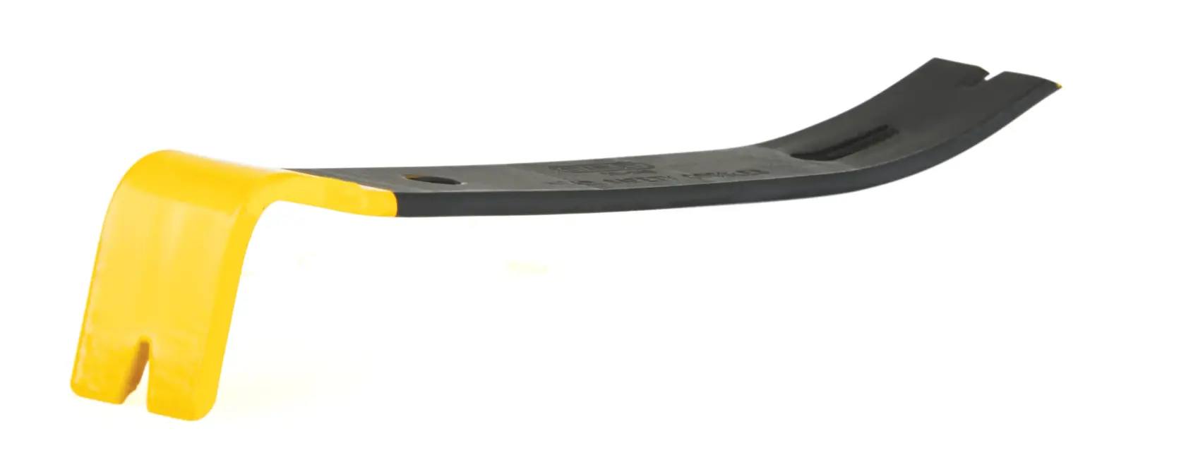 STANLEY 55-045 pry bar, black and yellow finish, side angle on white background.