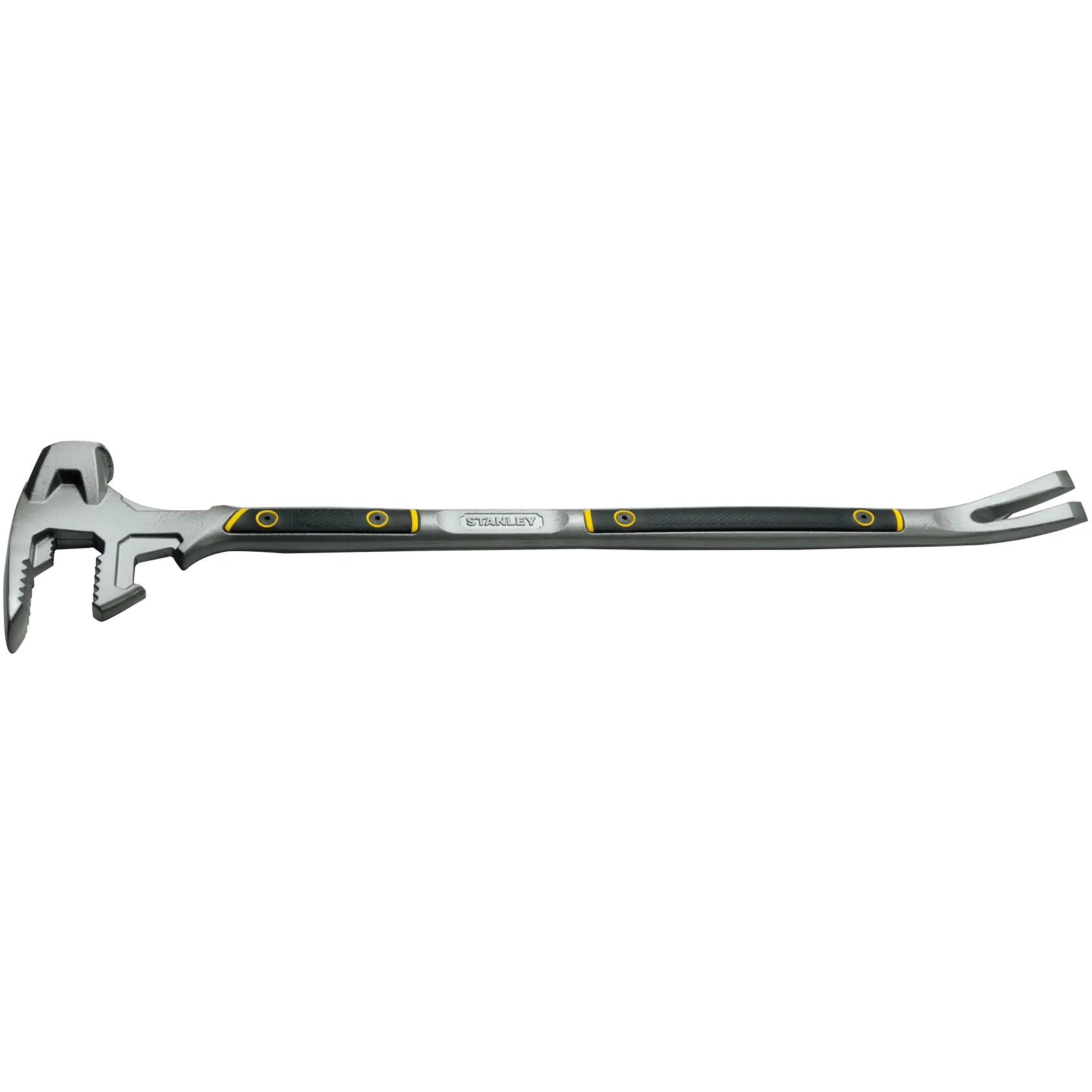 Photo of STANLEY 55-120 multi-functional demolition tool with black and yellow accents, side angle on white.