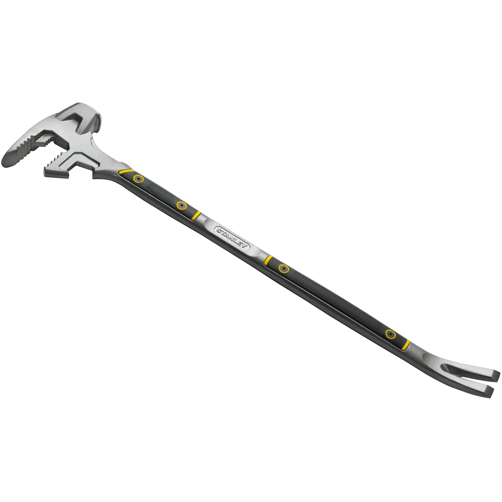 STANLEY 55-120 black and silver multi-purpose wrecking bar with yellow accents, side angle on white background.
