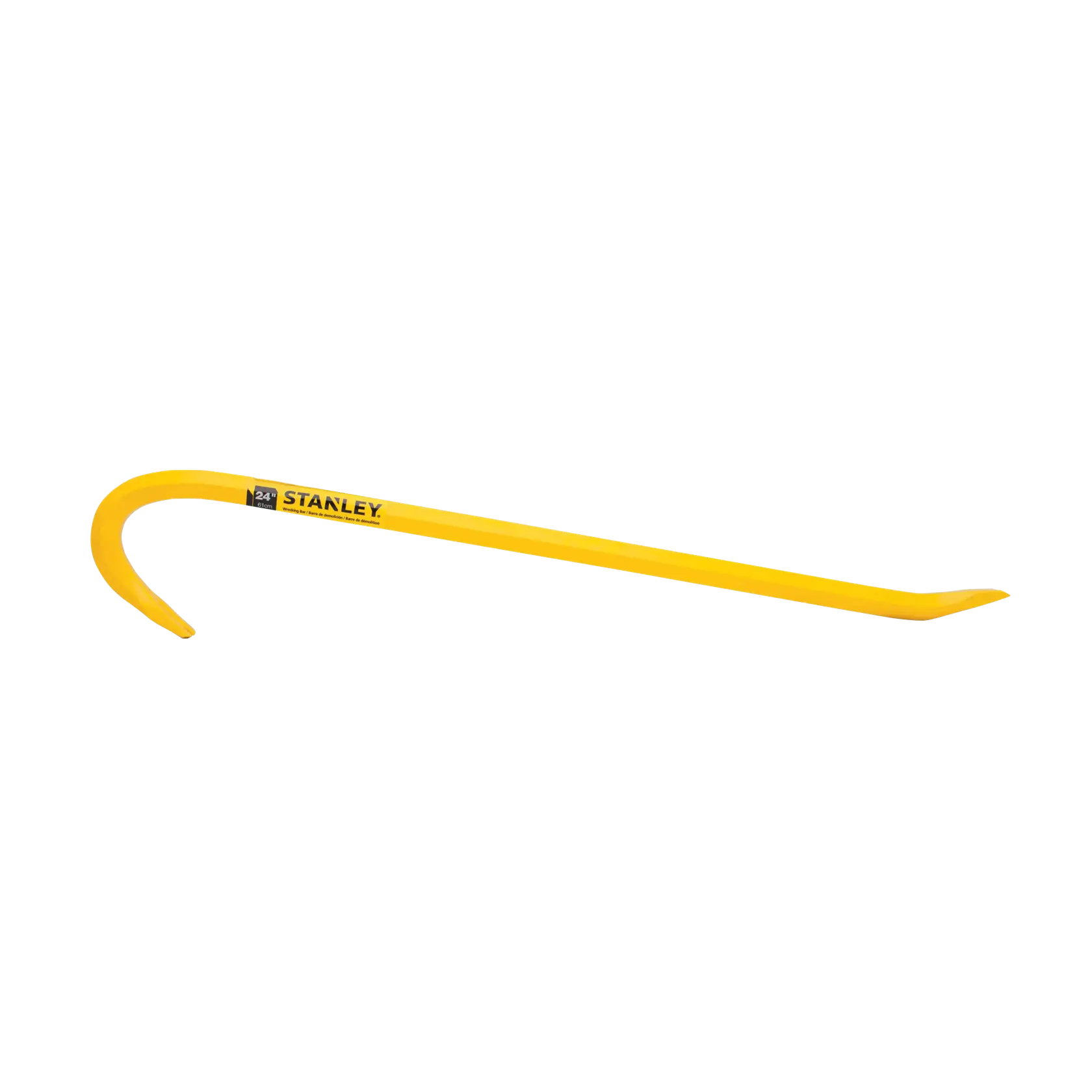 STANLEY 55-124 yellow steel pry bar, side angle on white background.