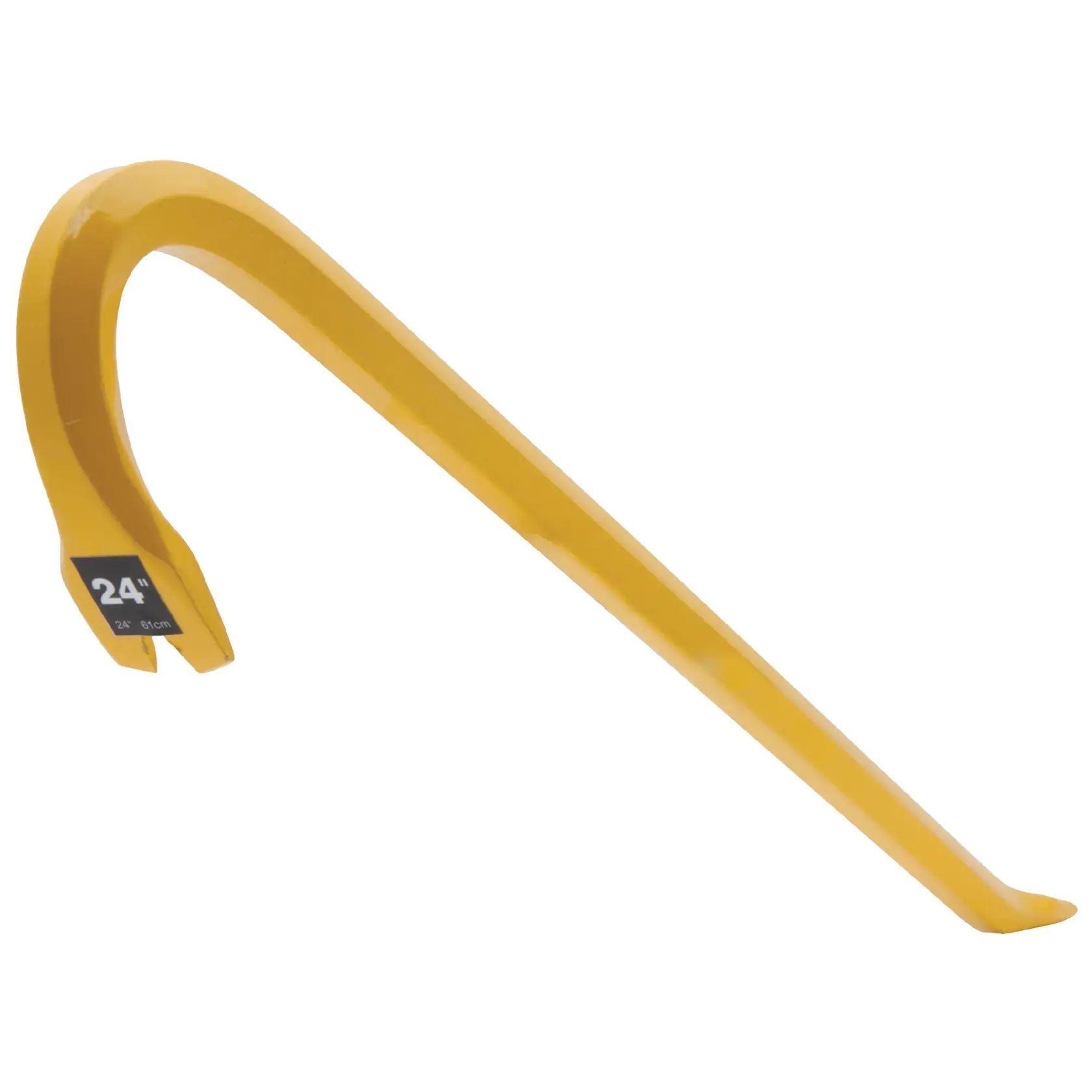 STANLEY 55-124 yellow 24-inch curved claw bar, side angle, on white background.